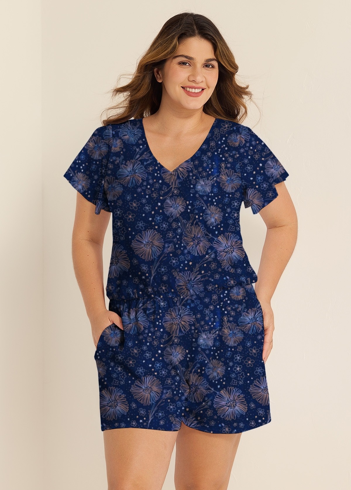 Curvy Navy Blue Floral Print Upf50+ Short Sleeves Pocket Swimsuit One Piece Swim Romper