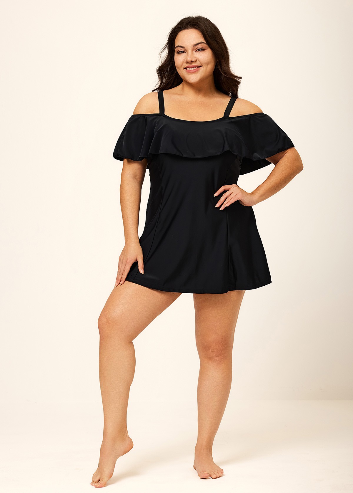 Plus Size Black Tummy Control Stylish One Piece Swimdress