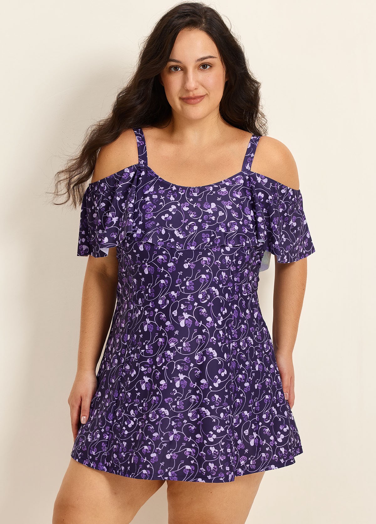 Purple Floral Off The Shoulder Flattering Plus Size Women's Swimsuit One Piece Swim Romper