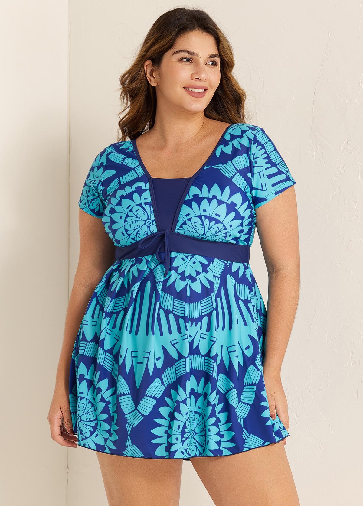 Plus Size Blue Geometric Print Short Sleeve Swimdress Top