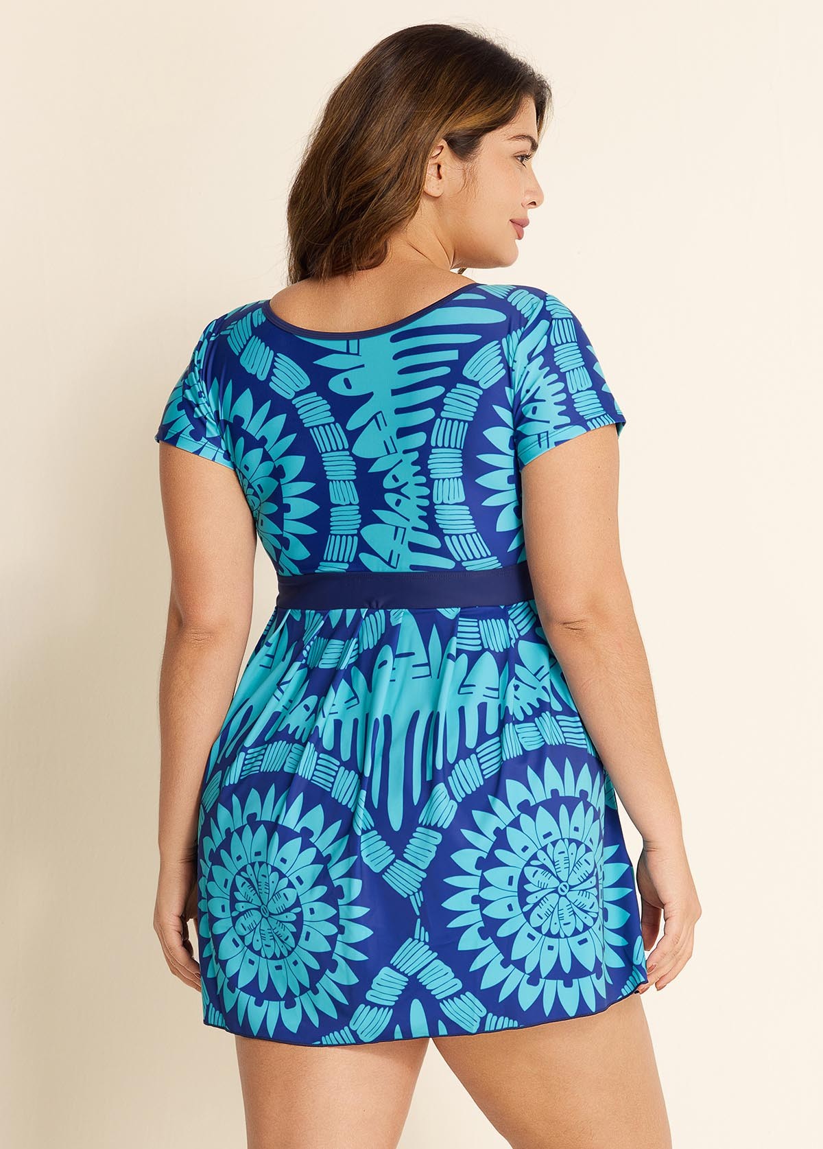 Plus Size Blue Geometric Print Short Sleeve Swimdress Top