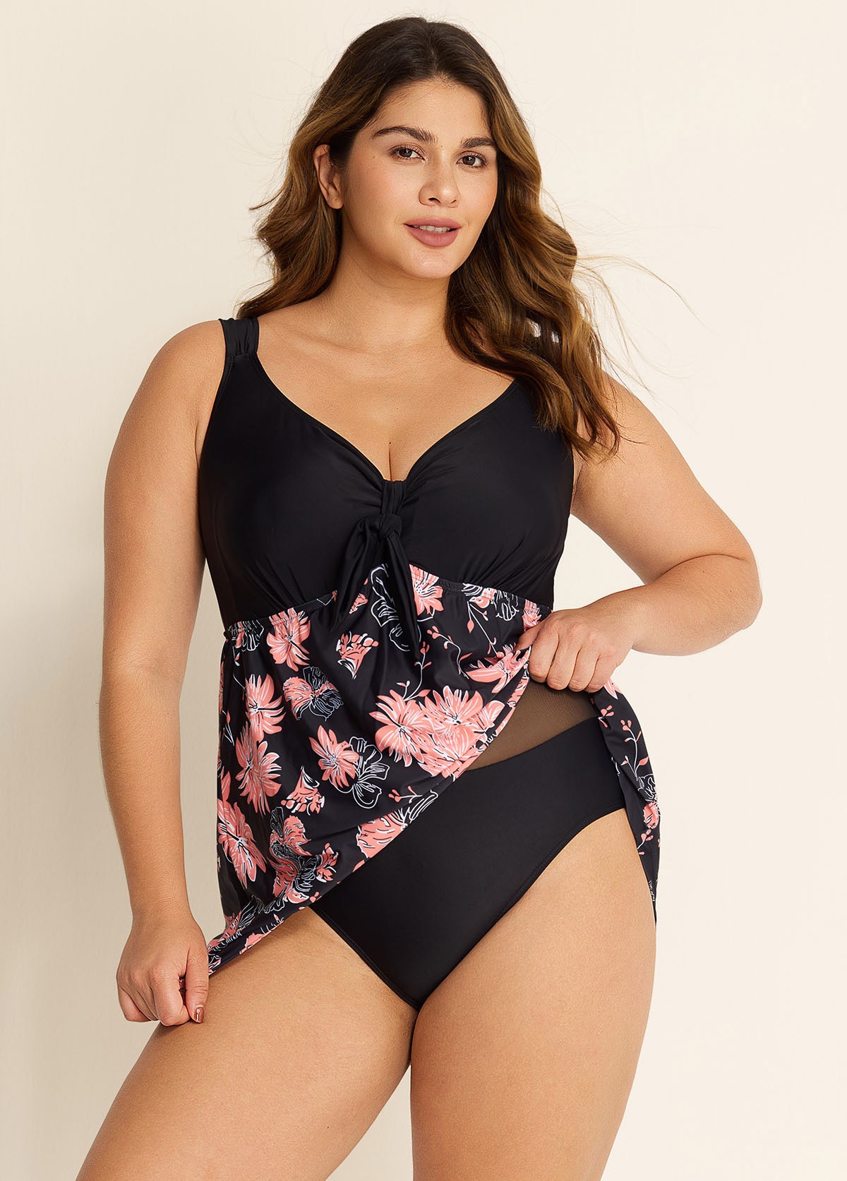 Charming Plus Size Pink Floral Print Knot Front One Piece Swimdress