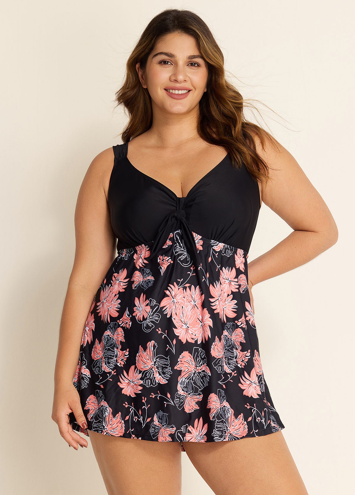Charming Plus Size Pink Floral Print Knot Front One Piece Swimdress