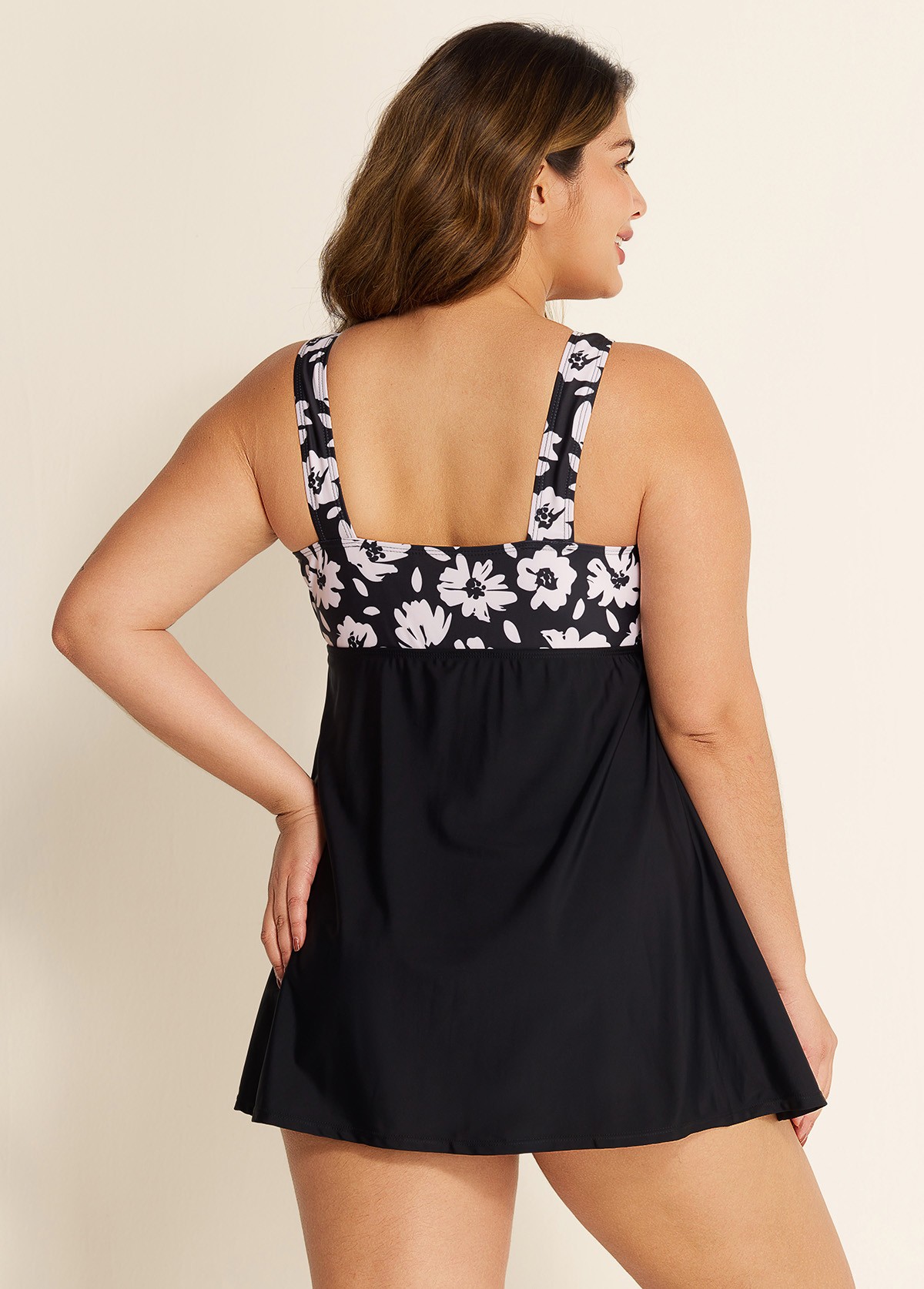 Trendy Black Floral Print Tie Front One Piece Swimsuit