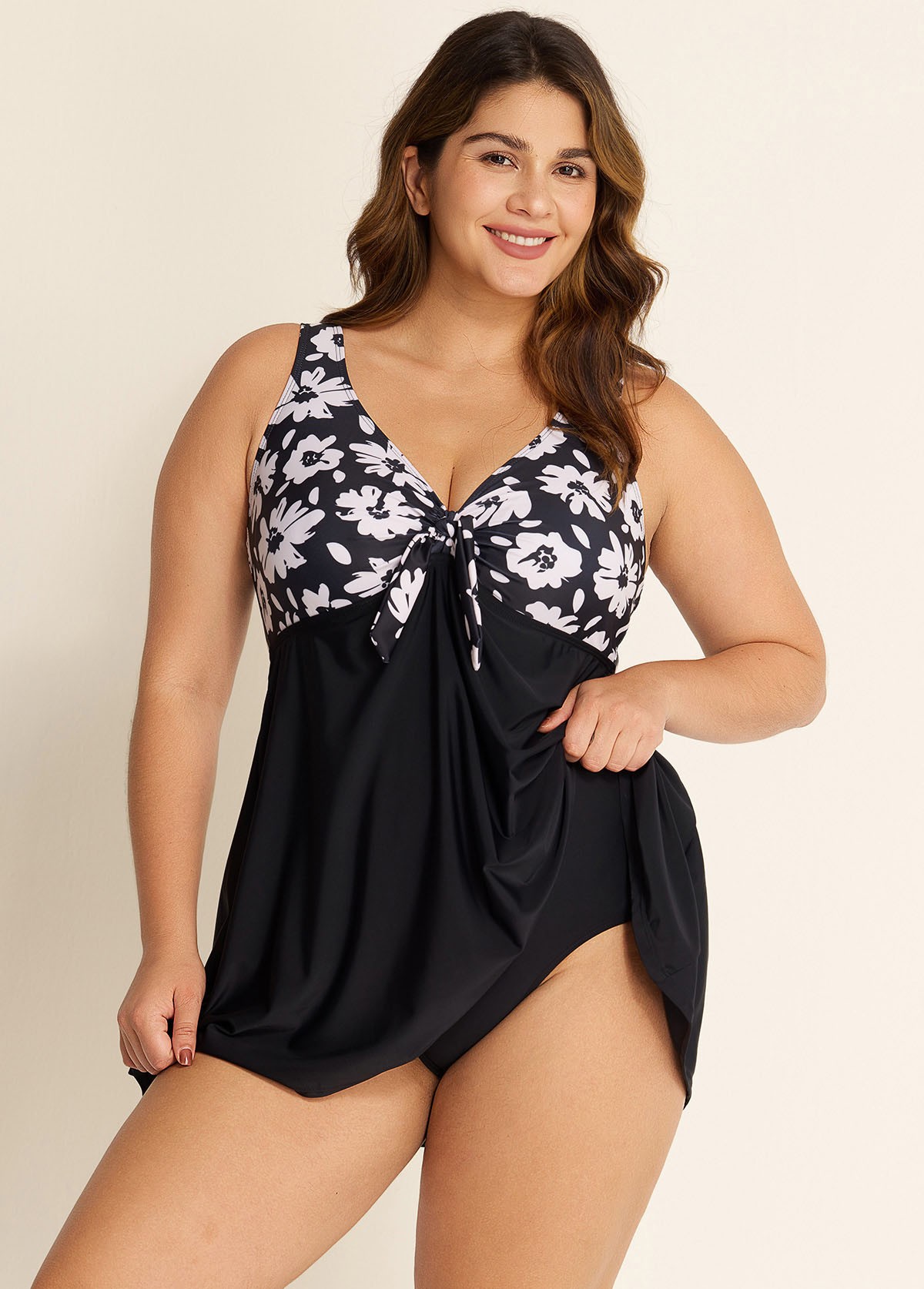 Trendy Black Floral Print Tie Front One Piece Swimsuit