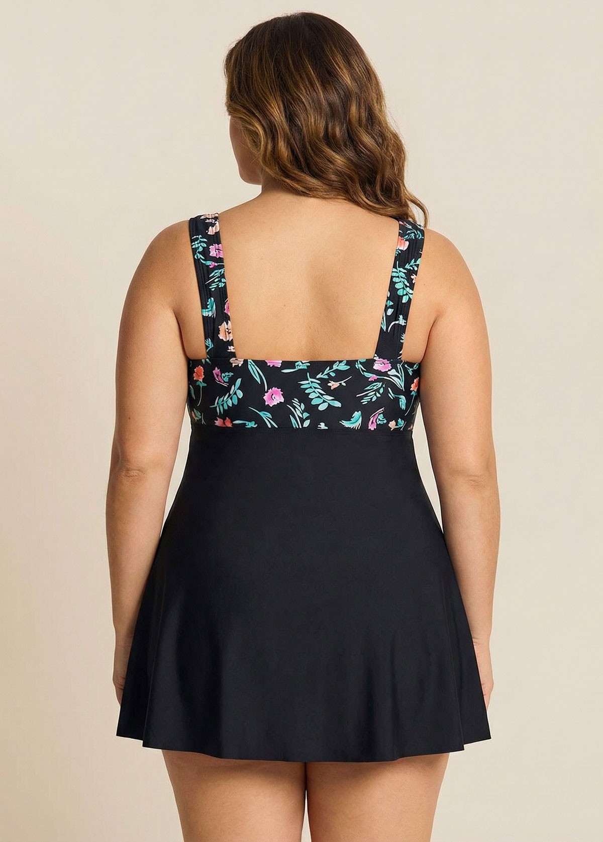 Plus Size Floral Print V Neck Layered Swimdress Top