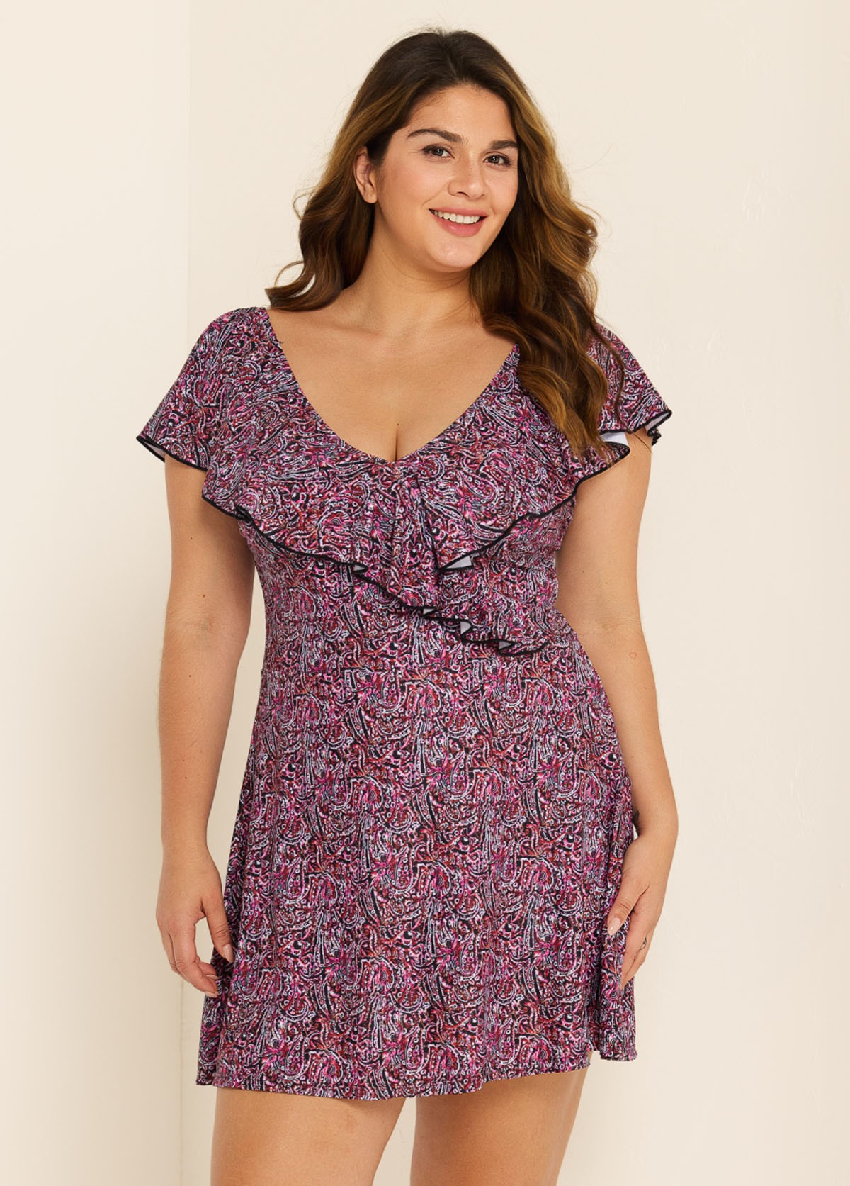 Plus Size Floral Print V-Neck Sleeves Swimdress Top