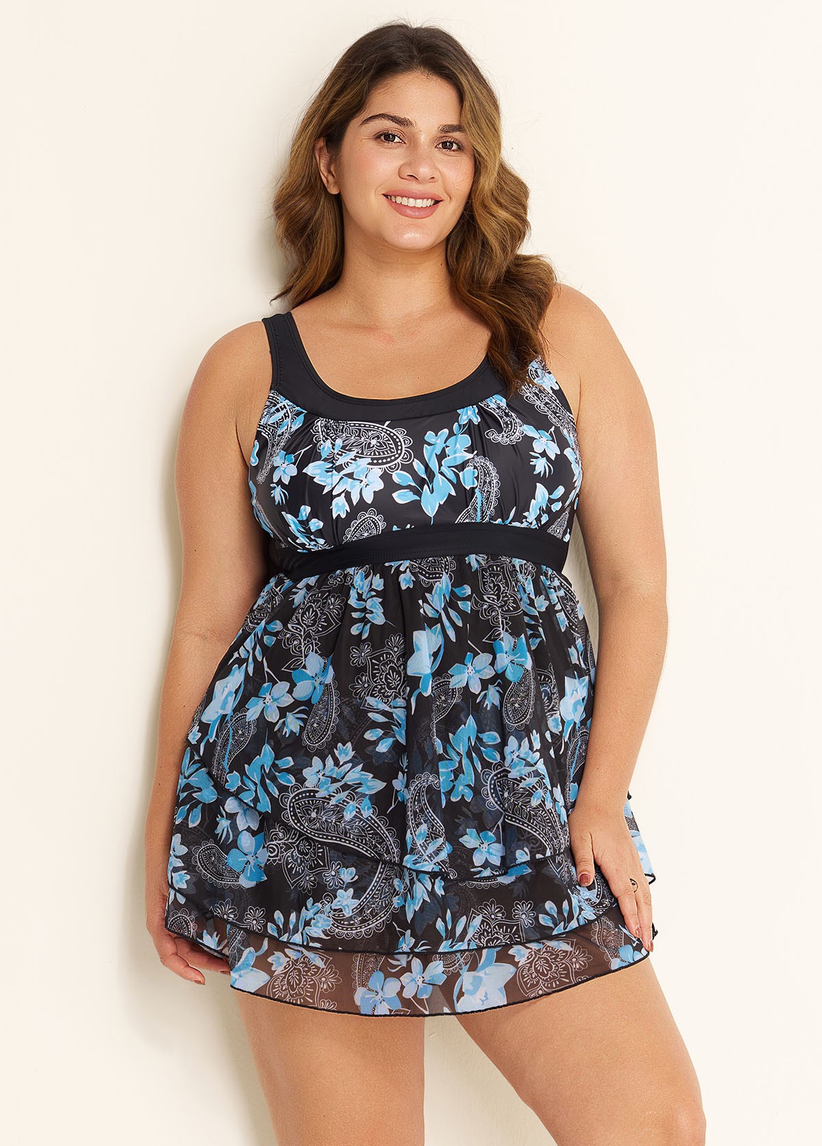 Vintage Blue Floral And Paisley Printed Swimdress Top