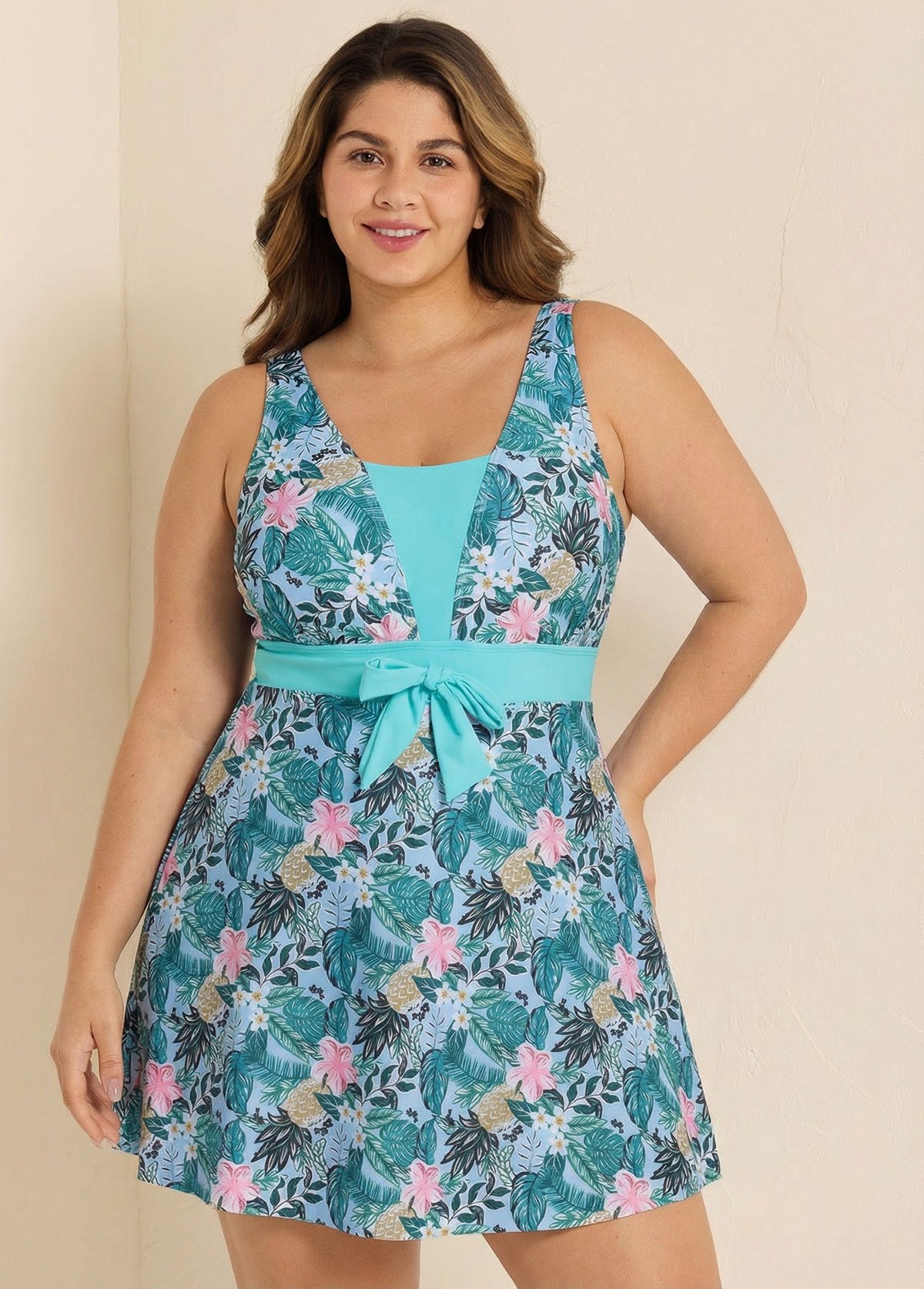 Charming Plus Size Green Tropical Floral Knot Front One Piece Swimdress