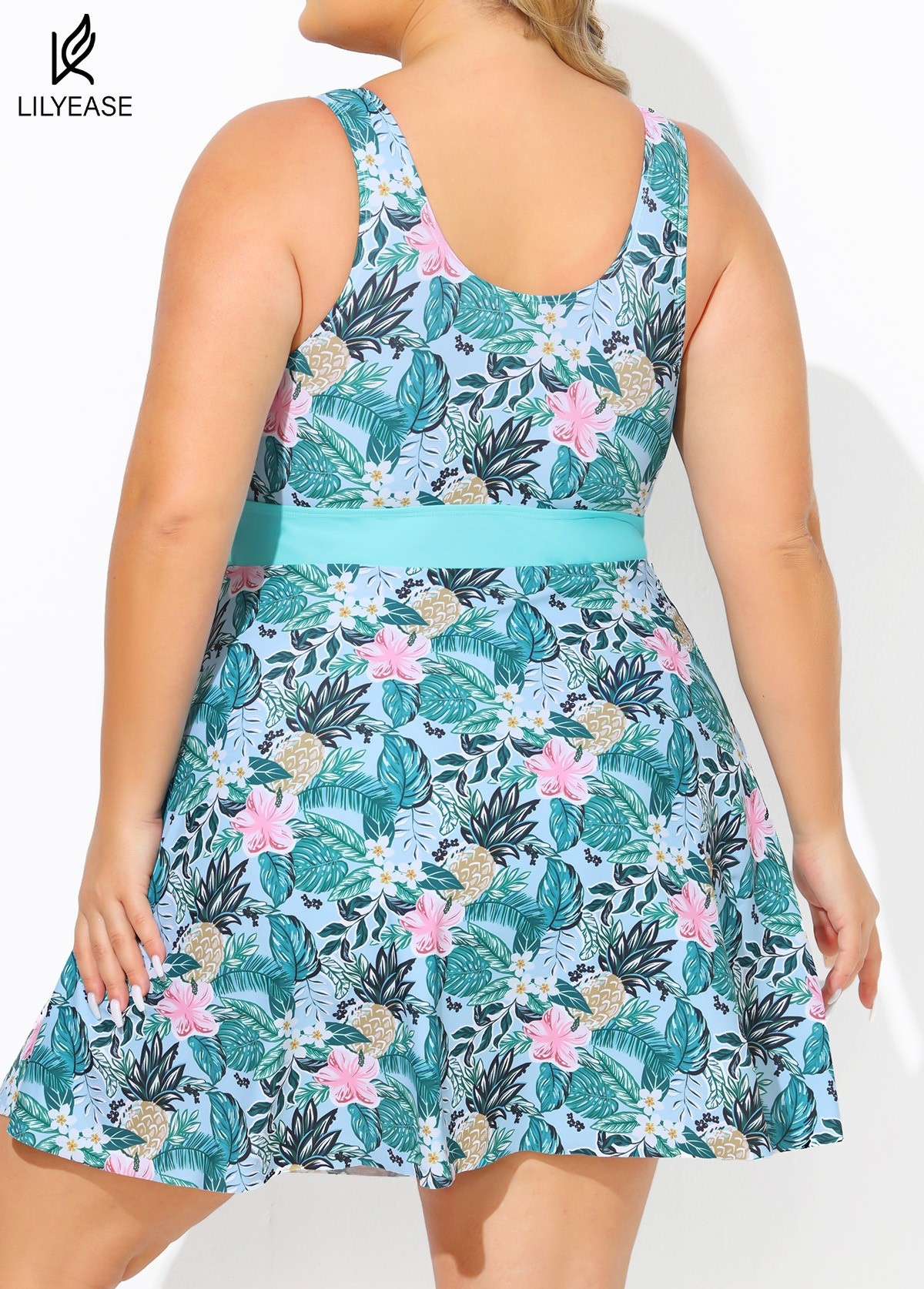 Charming Plus Size Green Tropical Floral Knot Front One Piece Swimdress