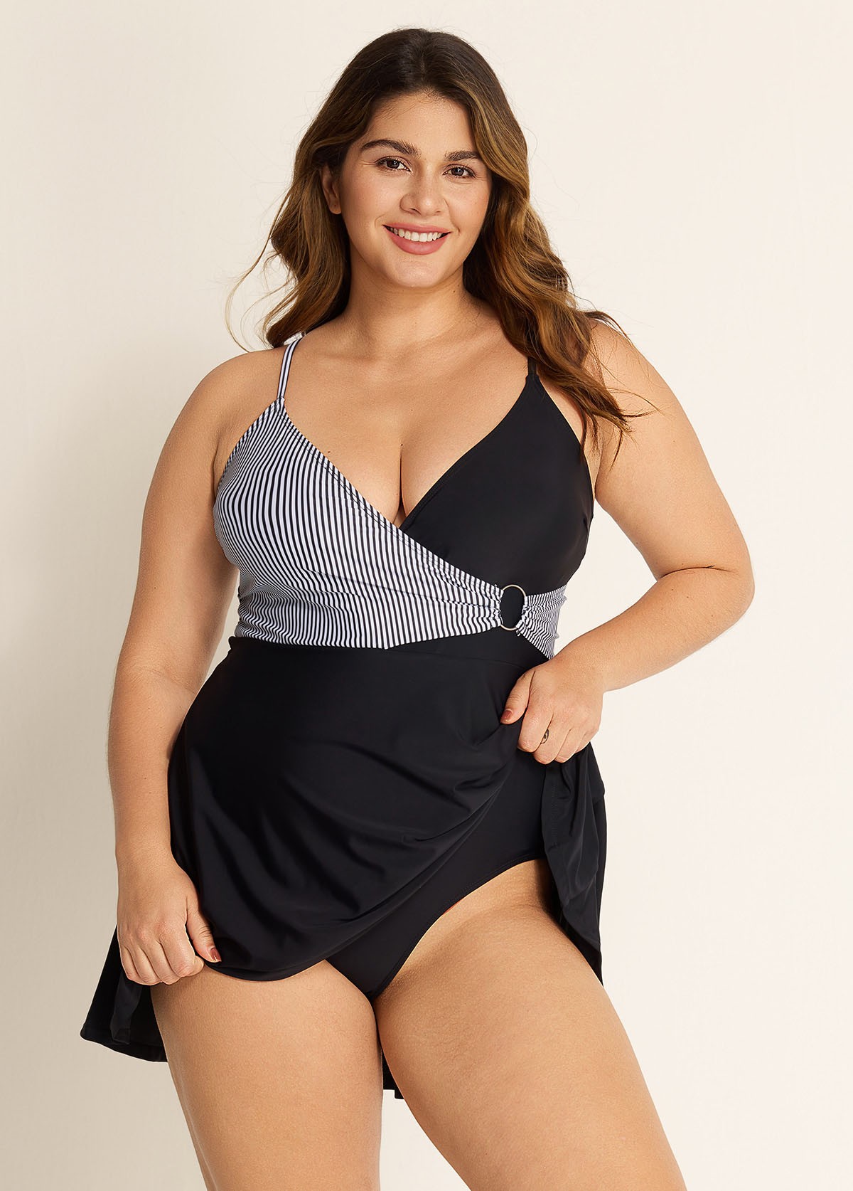 Black And White V Neck Striped Wrap One Piece Swimdress