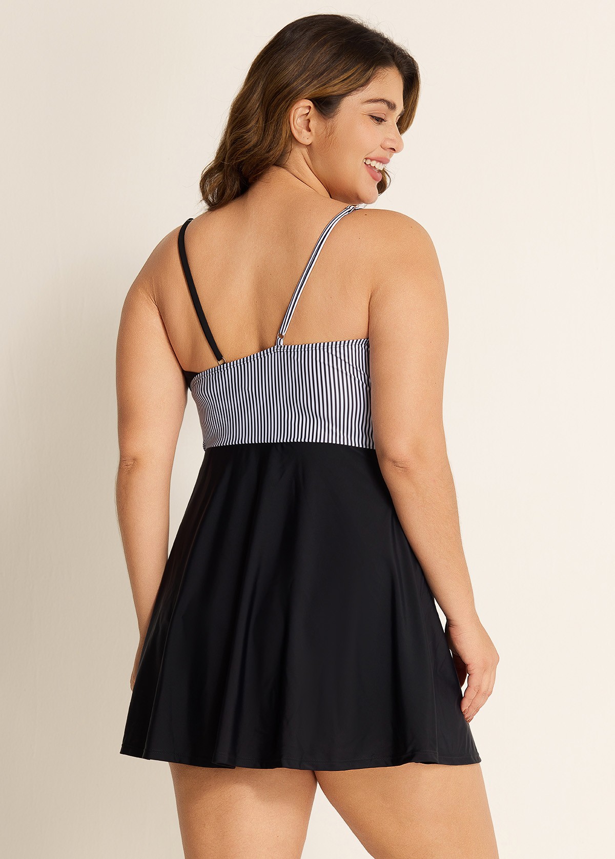 Black And White V Neck Striped Wrap One Piece Swimdress