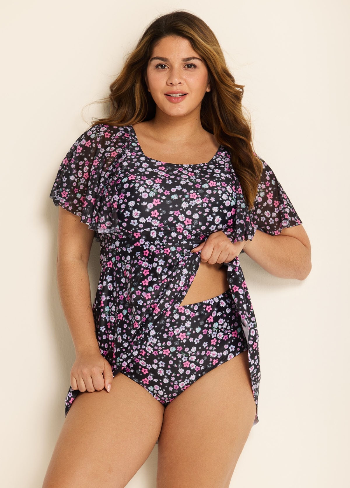 Romantic Floral Flounce Sleeve Square Neck Swimdress Set