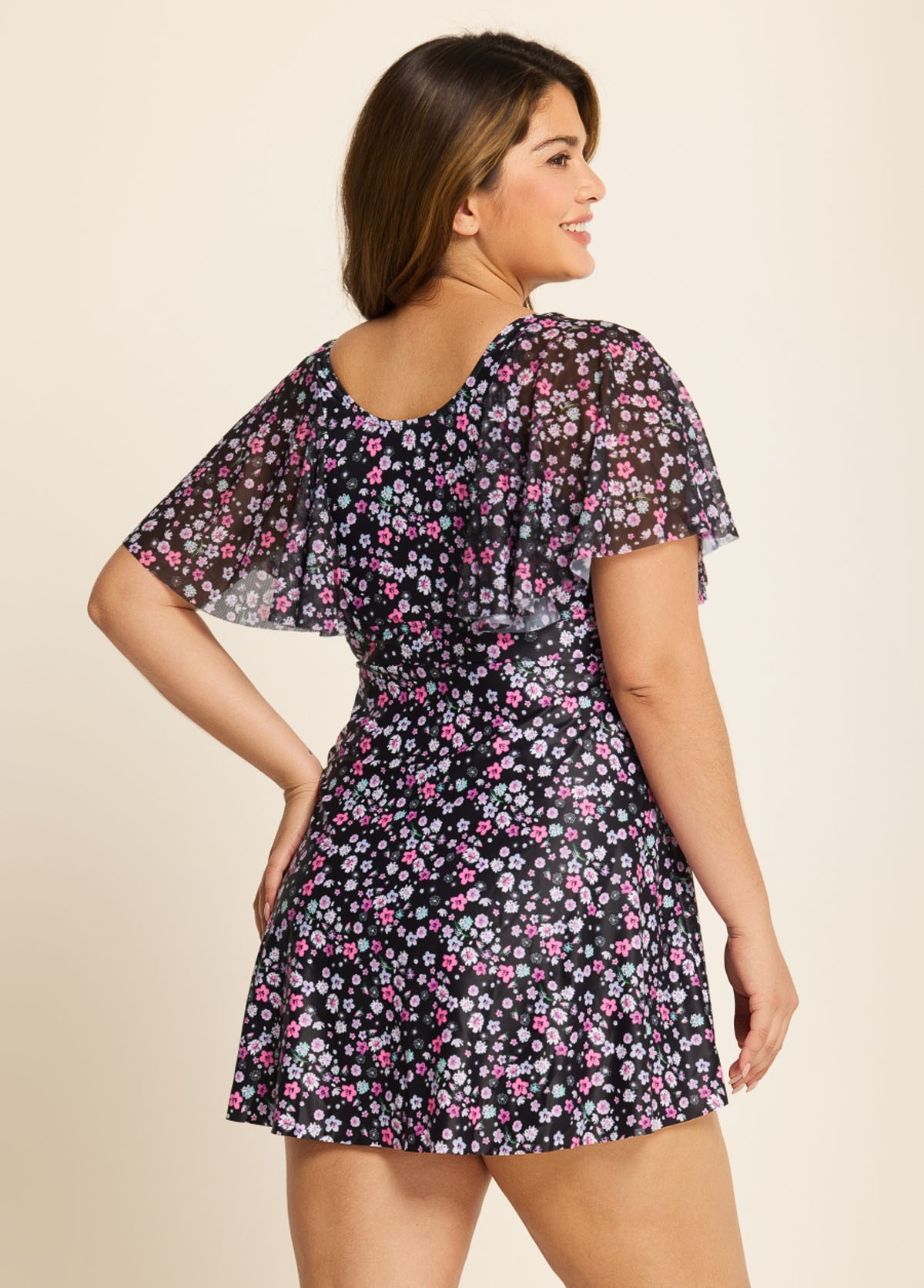 Romantic Floral Flounce Sleeve Square Neck Swimdress Set