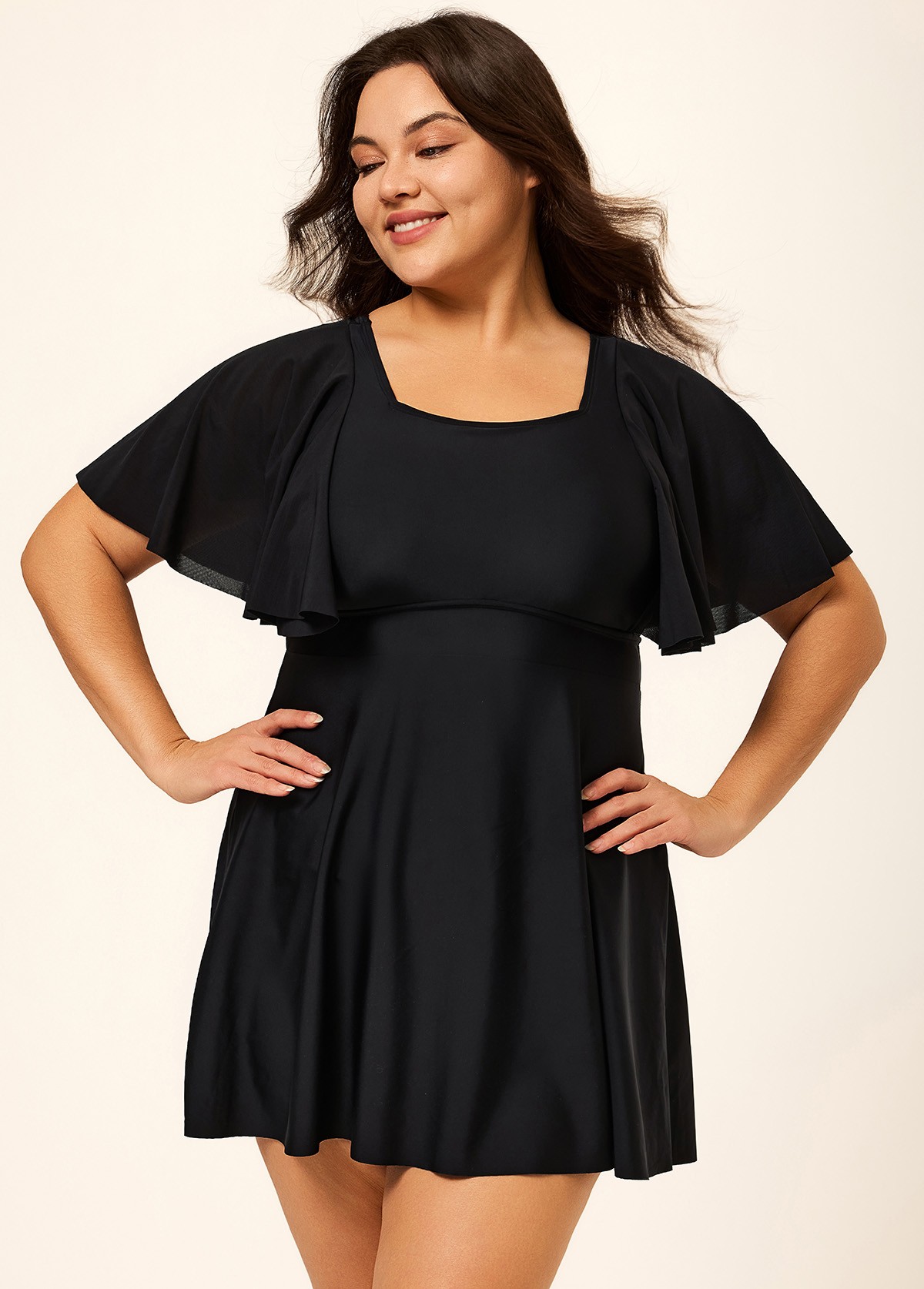 Black Ruffle Sleeves Square Neck Modest Plus Size Swimdress Swimsuit Top