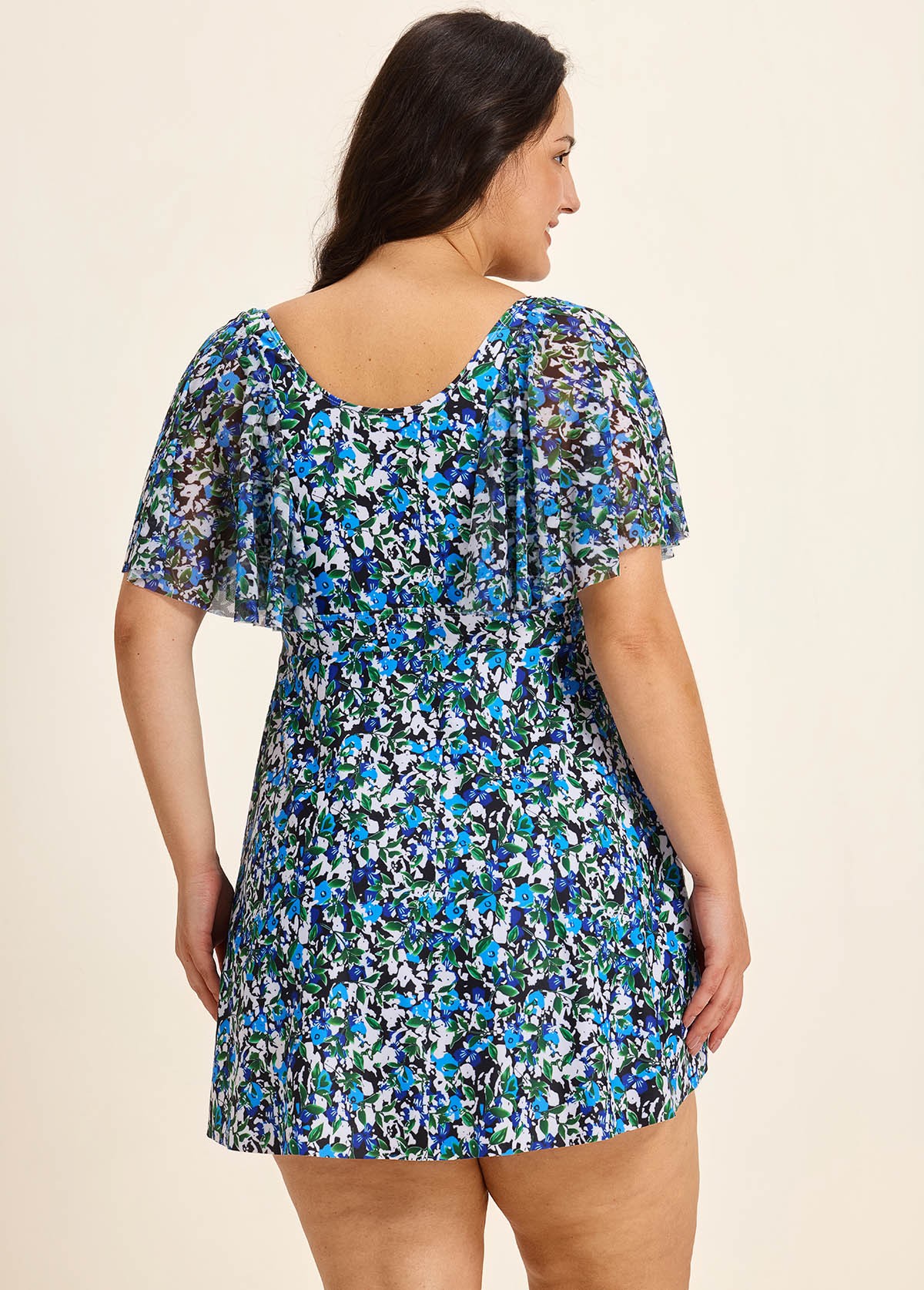 Plus Size Blue Green Floral Print Mesh Short Sleeves Padded Ruffle Swimsuit Swimdress Set