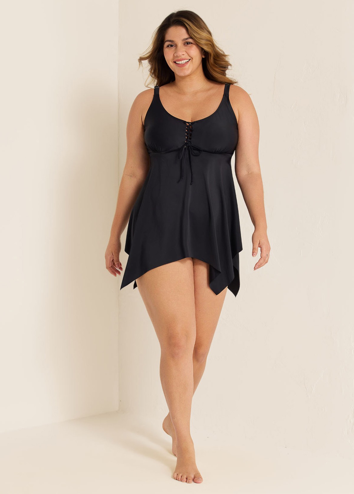 Black Criss Cross Front detail Asymmetrical Hem Swimdress Top