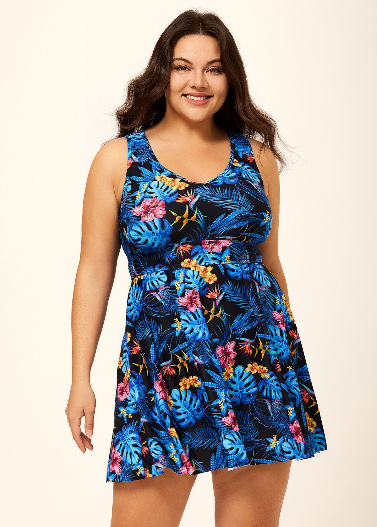 Romantic Blue Floral Print Back Cross Flowy Swim Dress Set