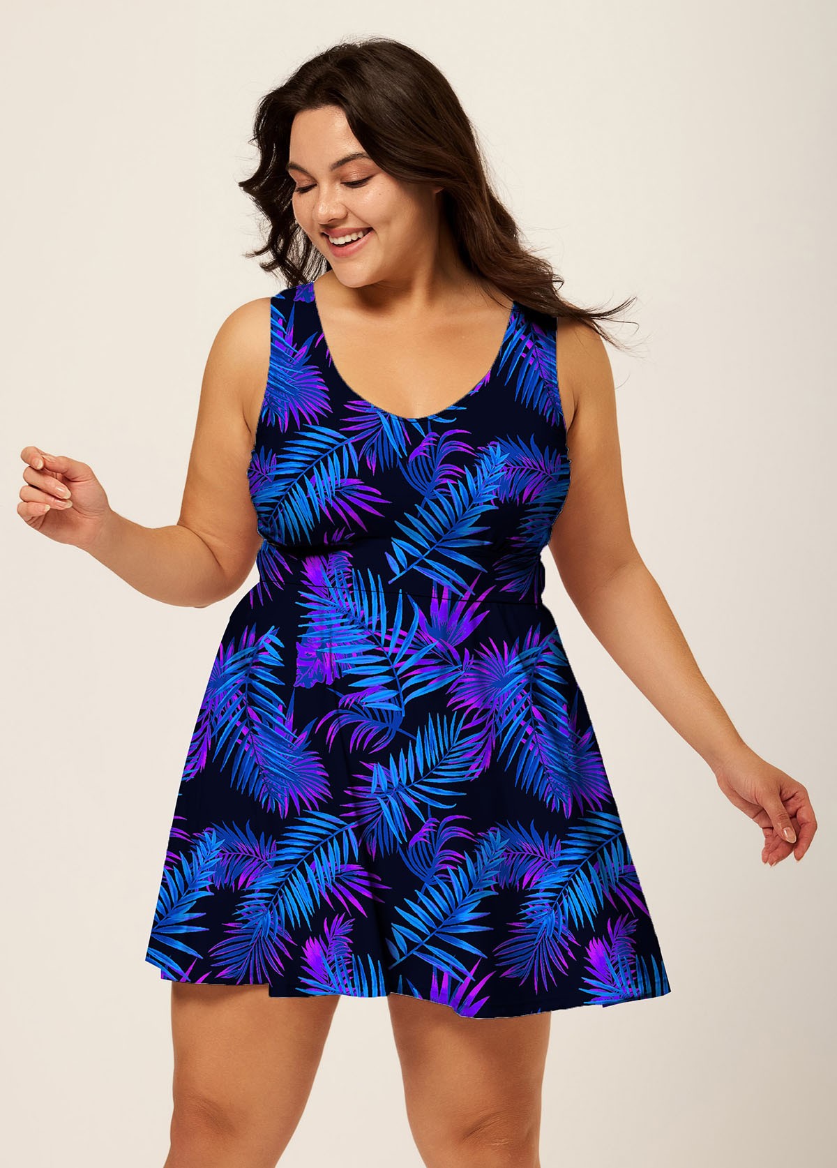 Purple Scoop Neck Plants Print Tie Front Modest Plus Size Swim Dress Set