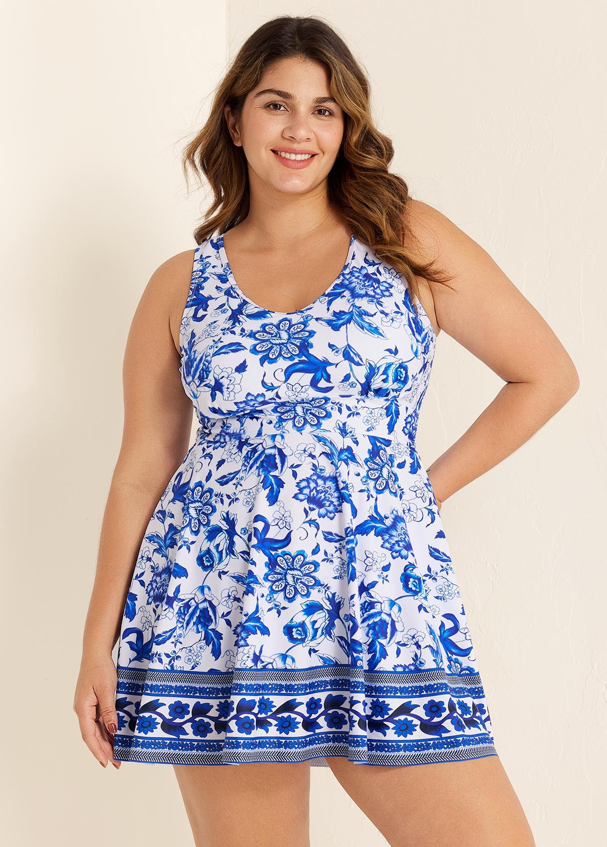 White Floral Modest Curvy Swimsuit And Swimwear Swimdress Set