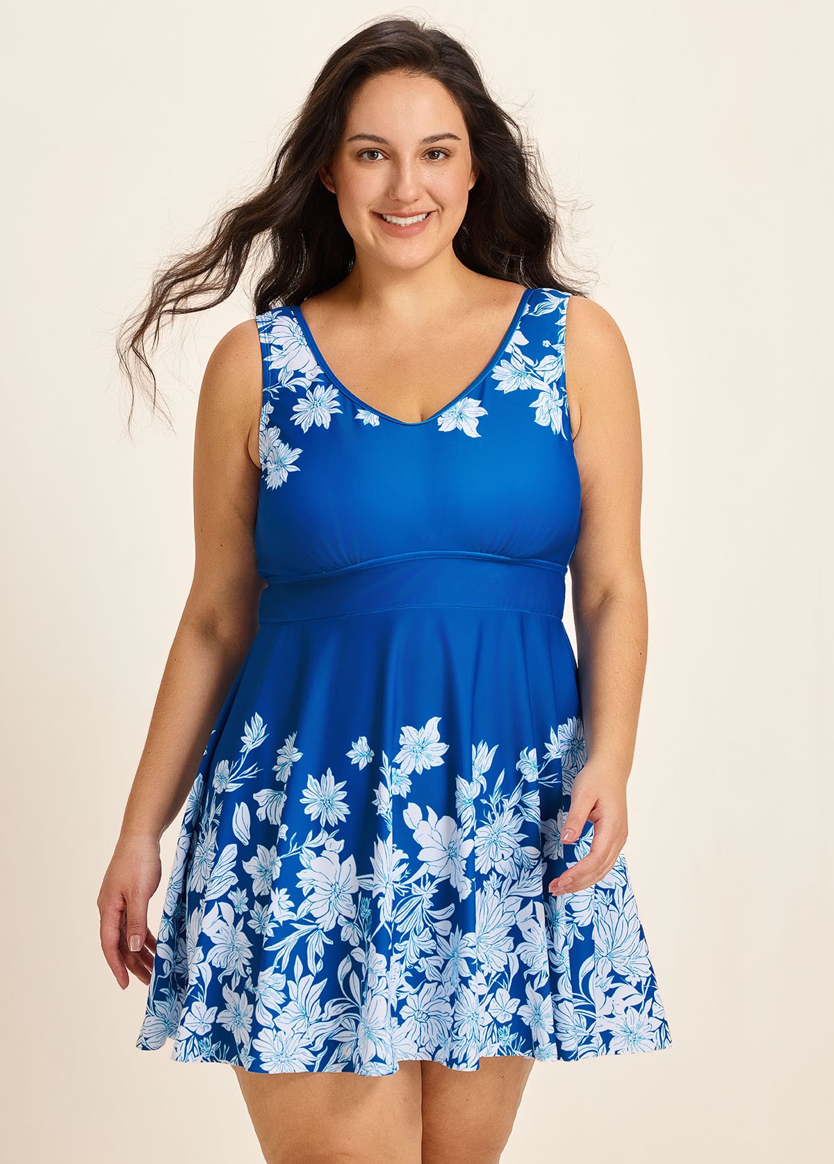 Blue Floral Modest Padded Cross Back Curvy Women's Swimsuit Two Piece Swimdress Set