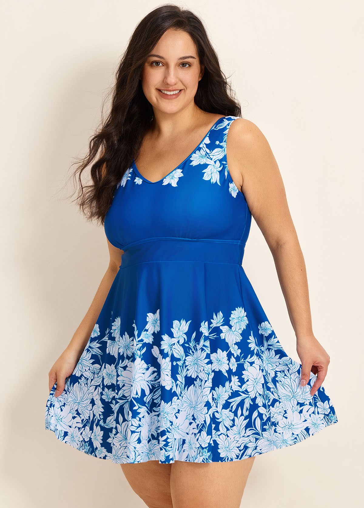 Blue Floral Modest Padded Cross Back Curvy Women's Swimsuit Two Piece Swimdress Set