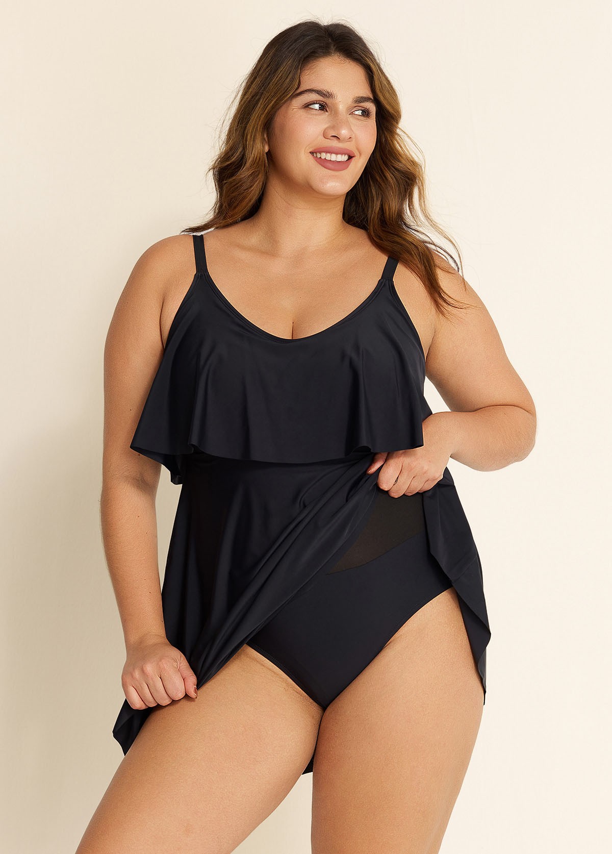 Black Layered Ruffle Trim Adjustable Strap Elegant One Piece Swimdress