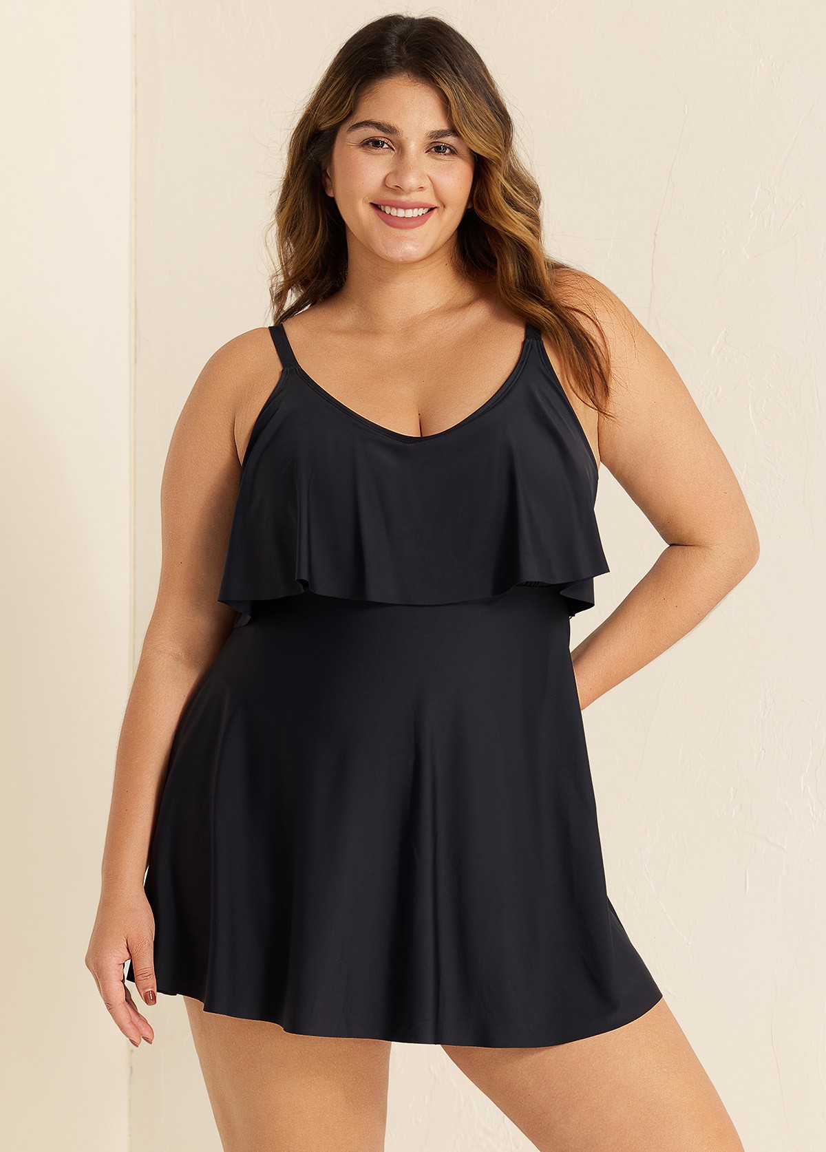 Black Layered Ruffle Trim Adjustable Strap Elegant One Piece Swimdress