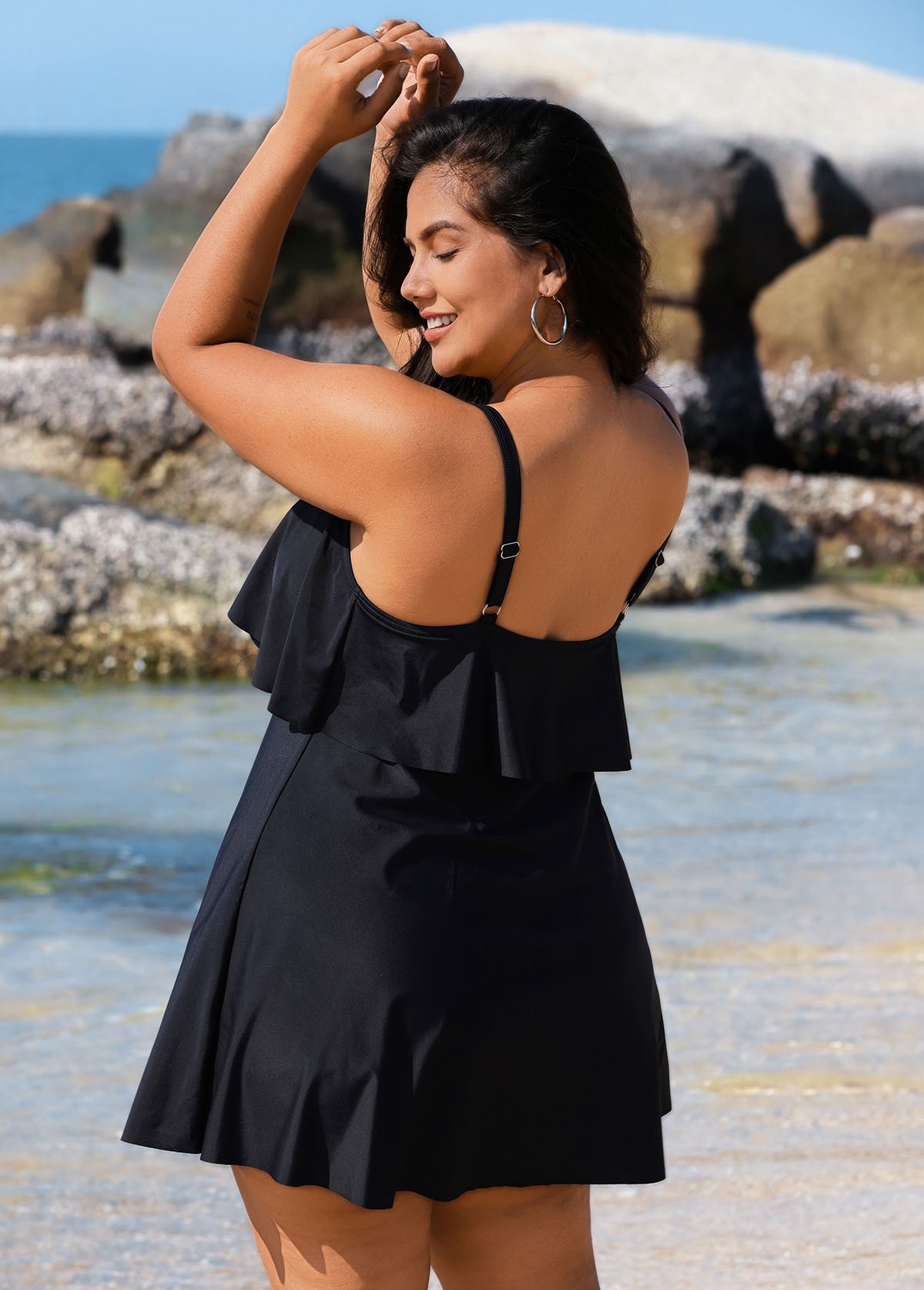 Black Layered Ruffle Trim Adjustable Strap Elegant One Piece Swimdress