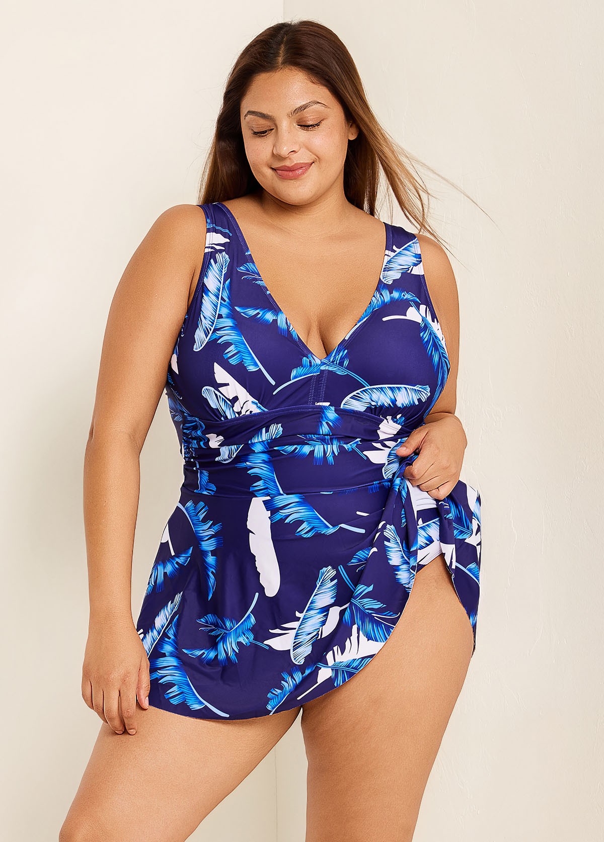 Blue Plant Print Ruched Wide Strap Fashionable One Piece Swimdress