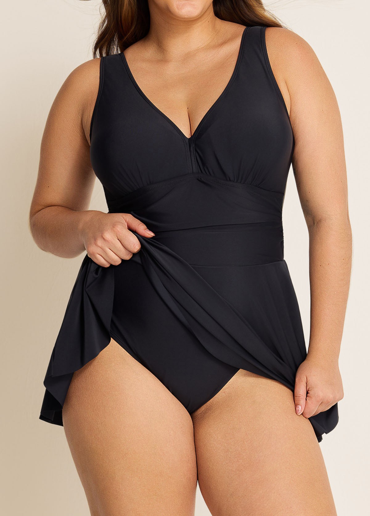 Black Ruched Wide Strap Fashionable Modest Plus Size One Piece Swimdress