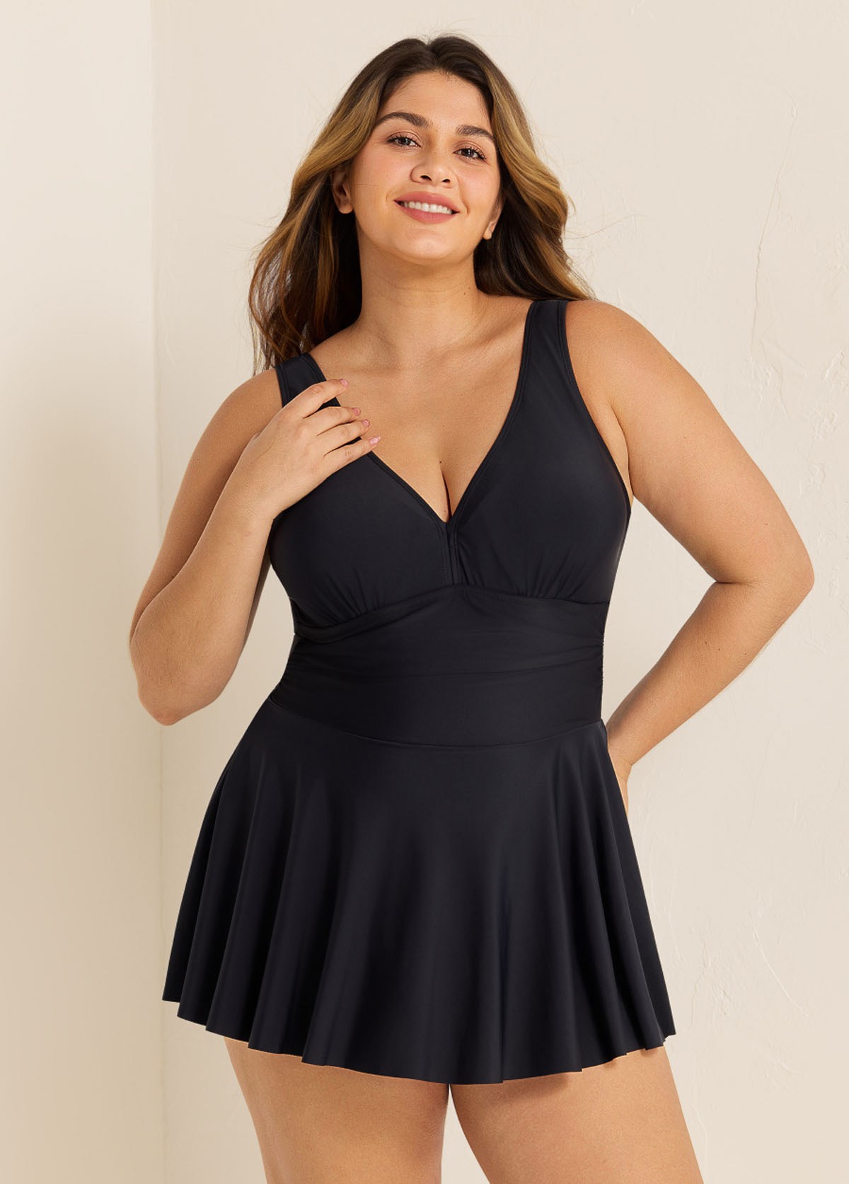 Black Ruched Wide Strap Fashionable Modest Plus Size One Piece Swimdress