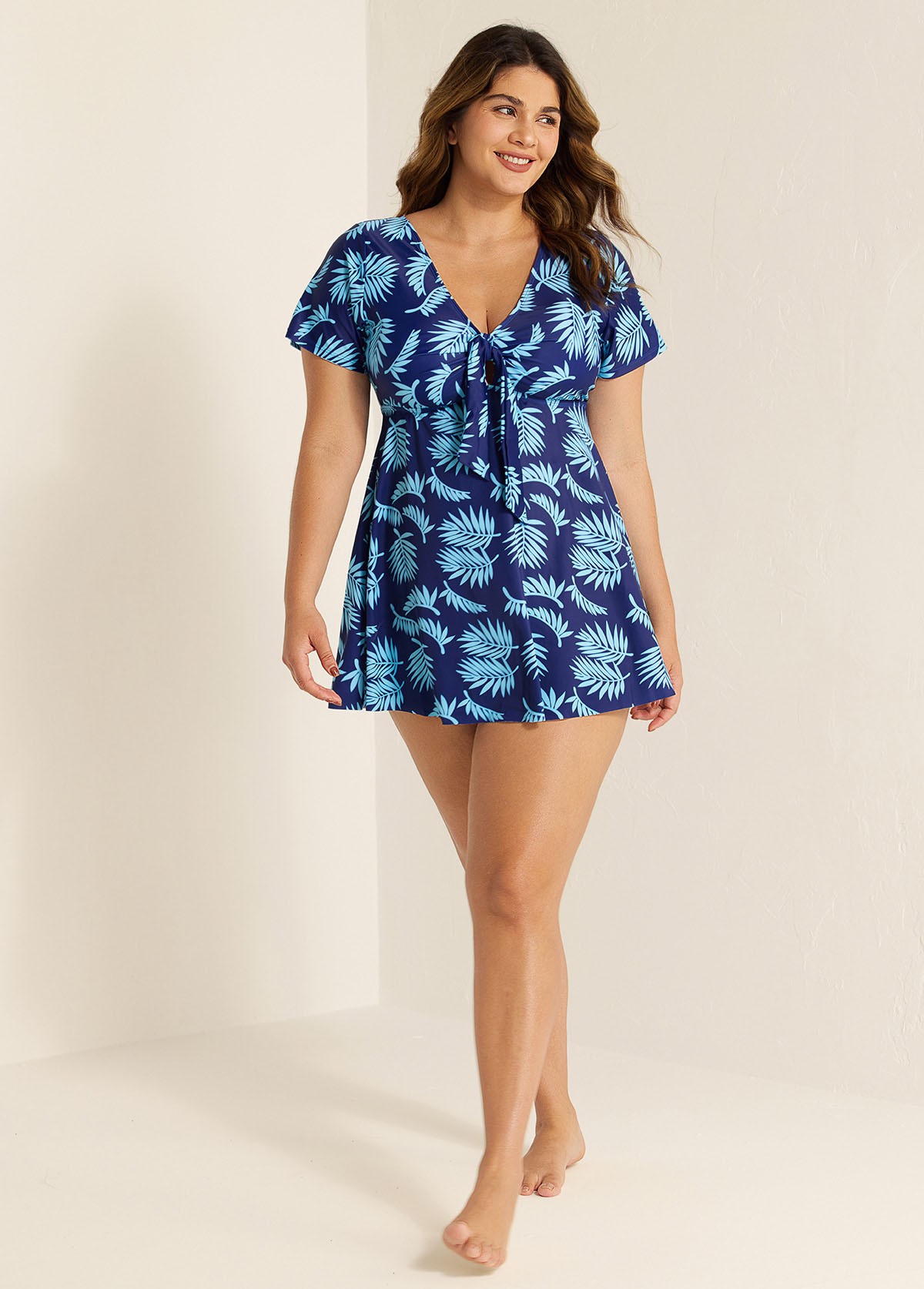 Blue Leaf Print Front Knot Short Sleeve Swimdress Set