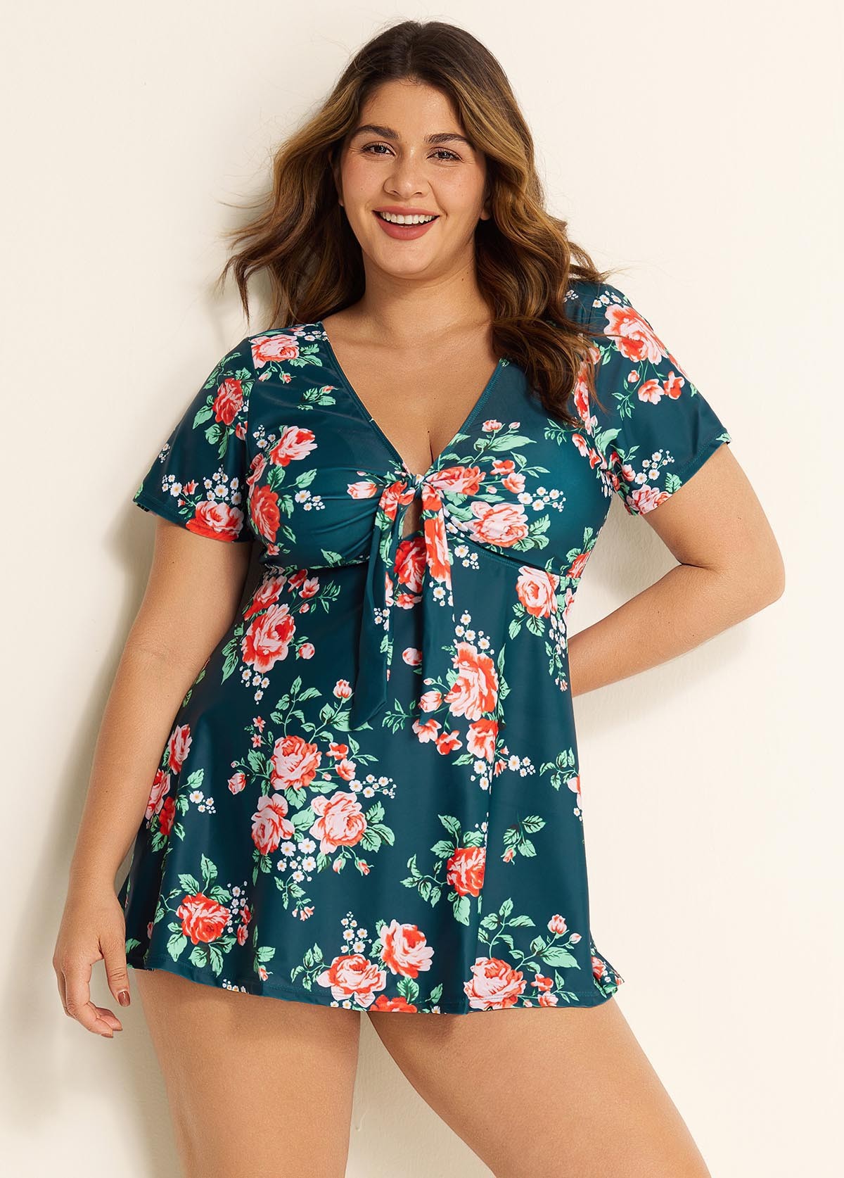 Plus Size Green Floral Short Sleeve Ladies Bathing Suits Swimdress Set