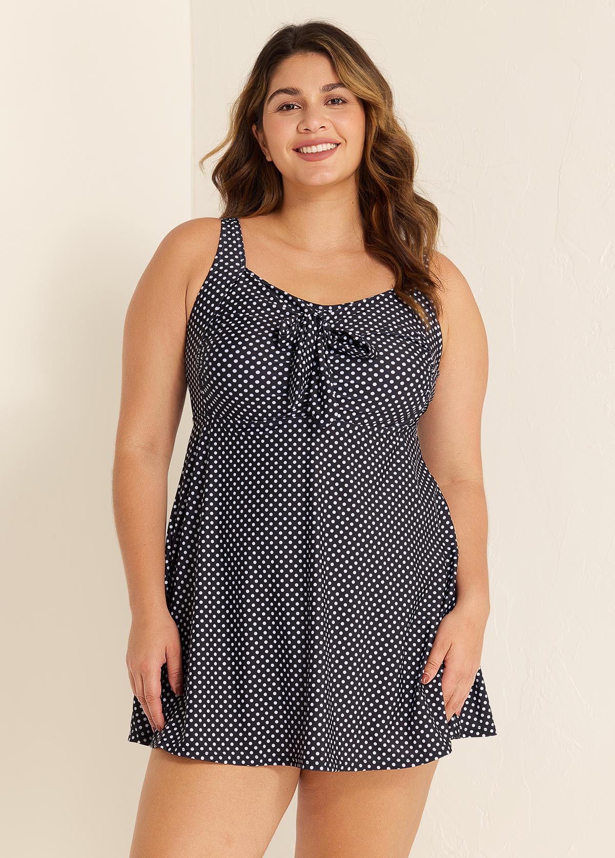 Women's Black Polka Dot Tie Front Modest One Piece Swimdress