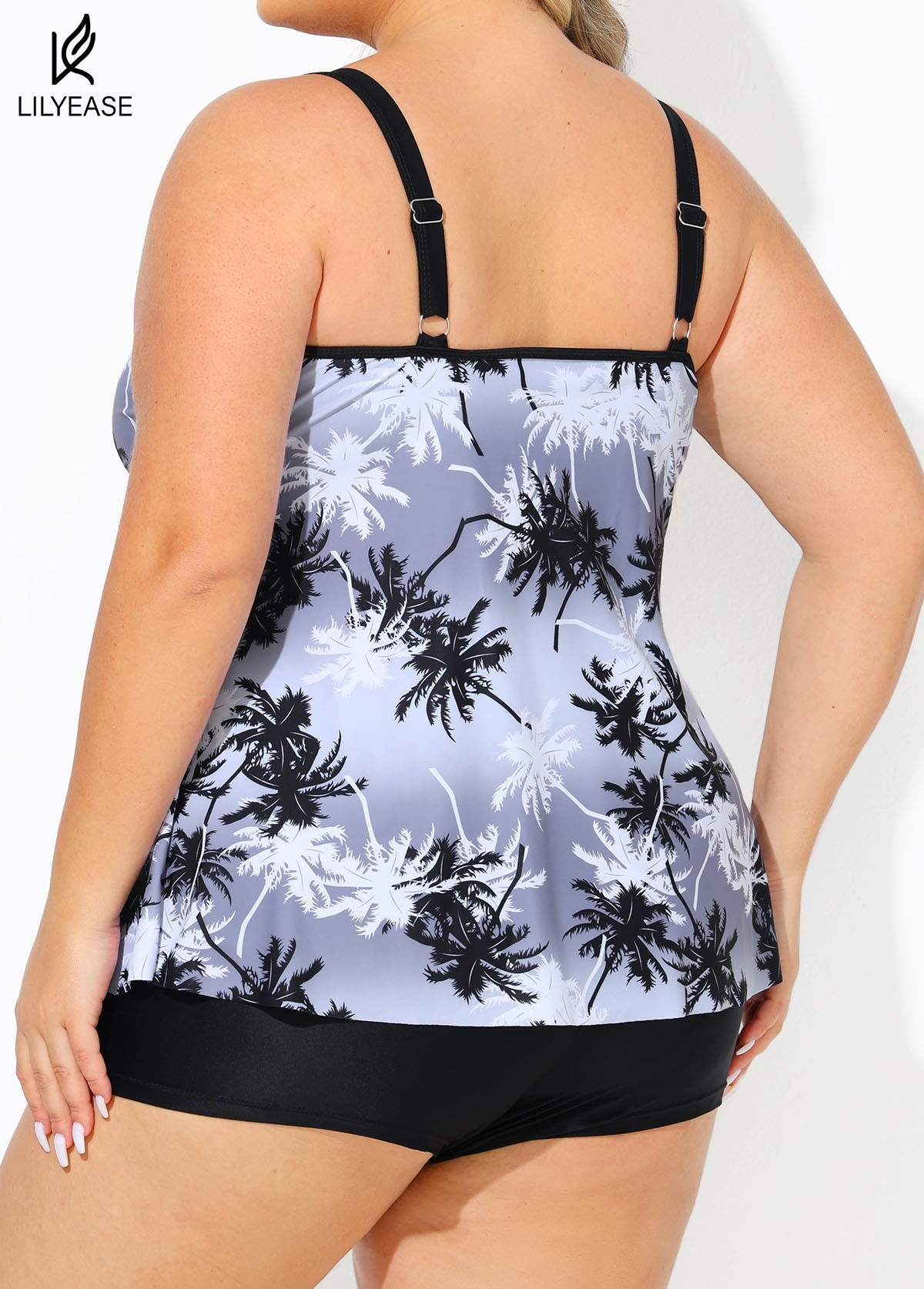 Plus Size Black And White Plants Print Double Straps Modest Tankini Top