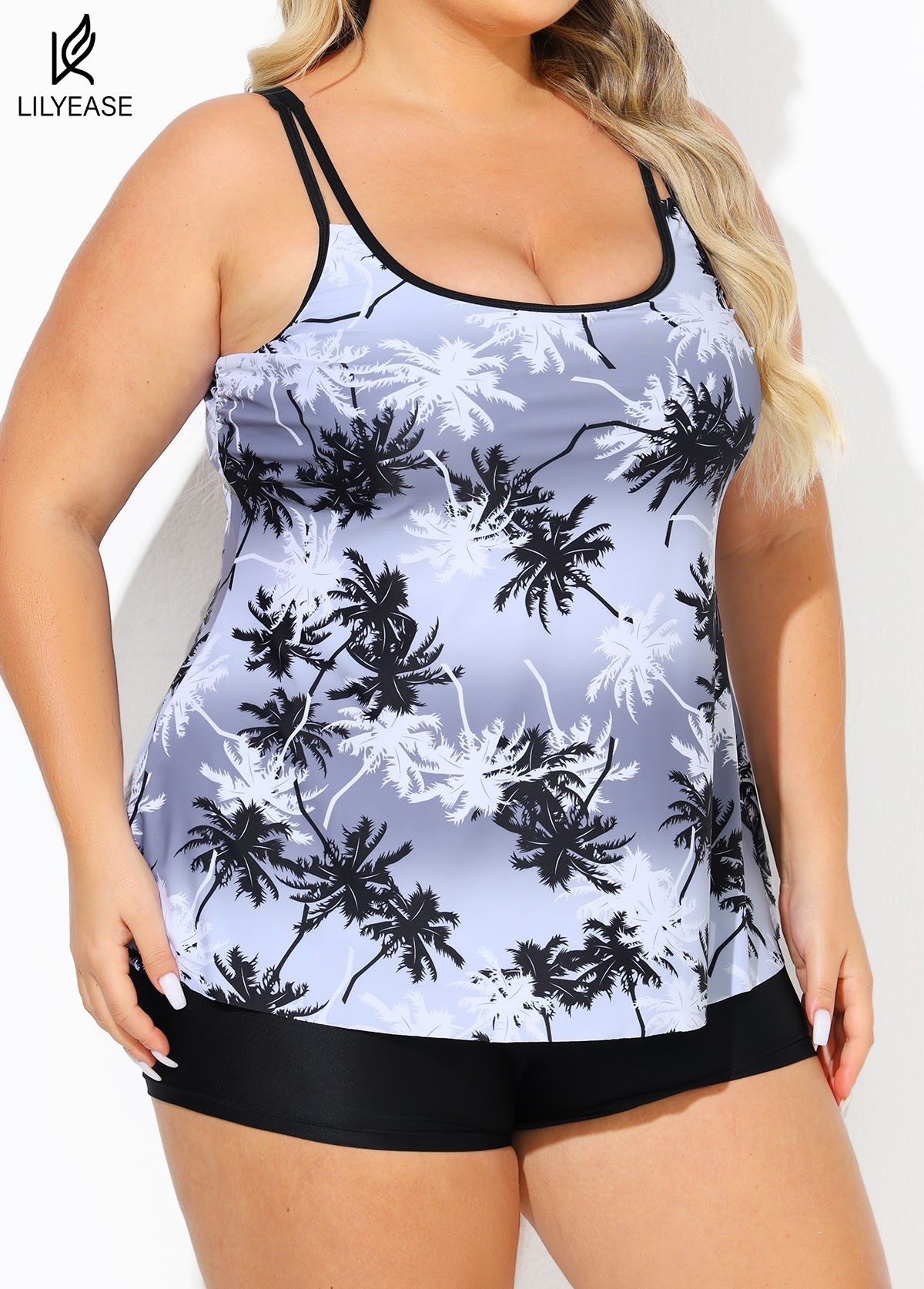 Plus Size Black And White Plants Print Double Straps Modest Tankini Top