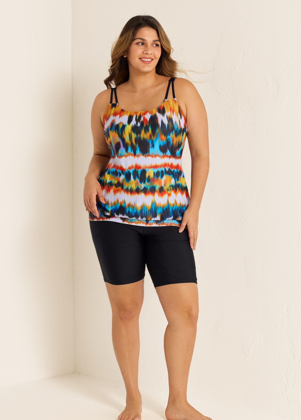 Stylish And Flattering Yellow Tie Dye Adjustable Double Straps Tankini Top