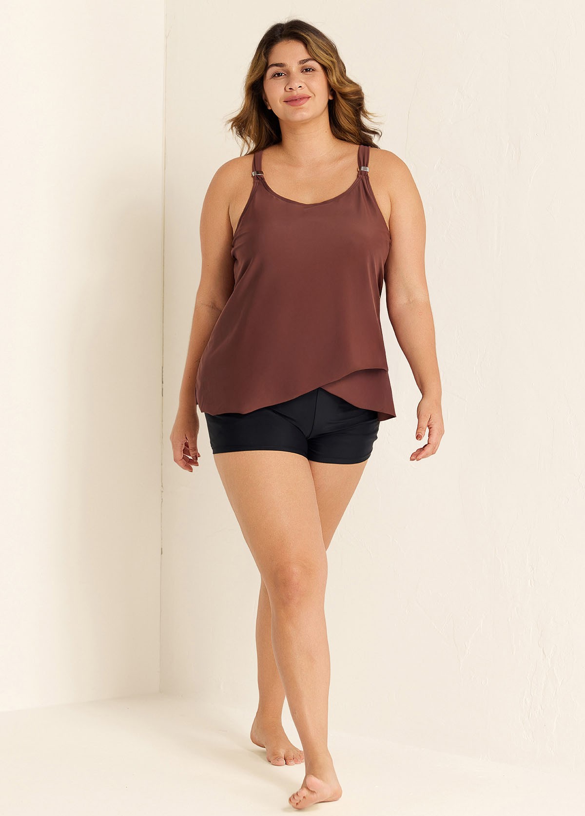 Plus Size Brown Flowy Layered Tankini Top