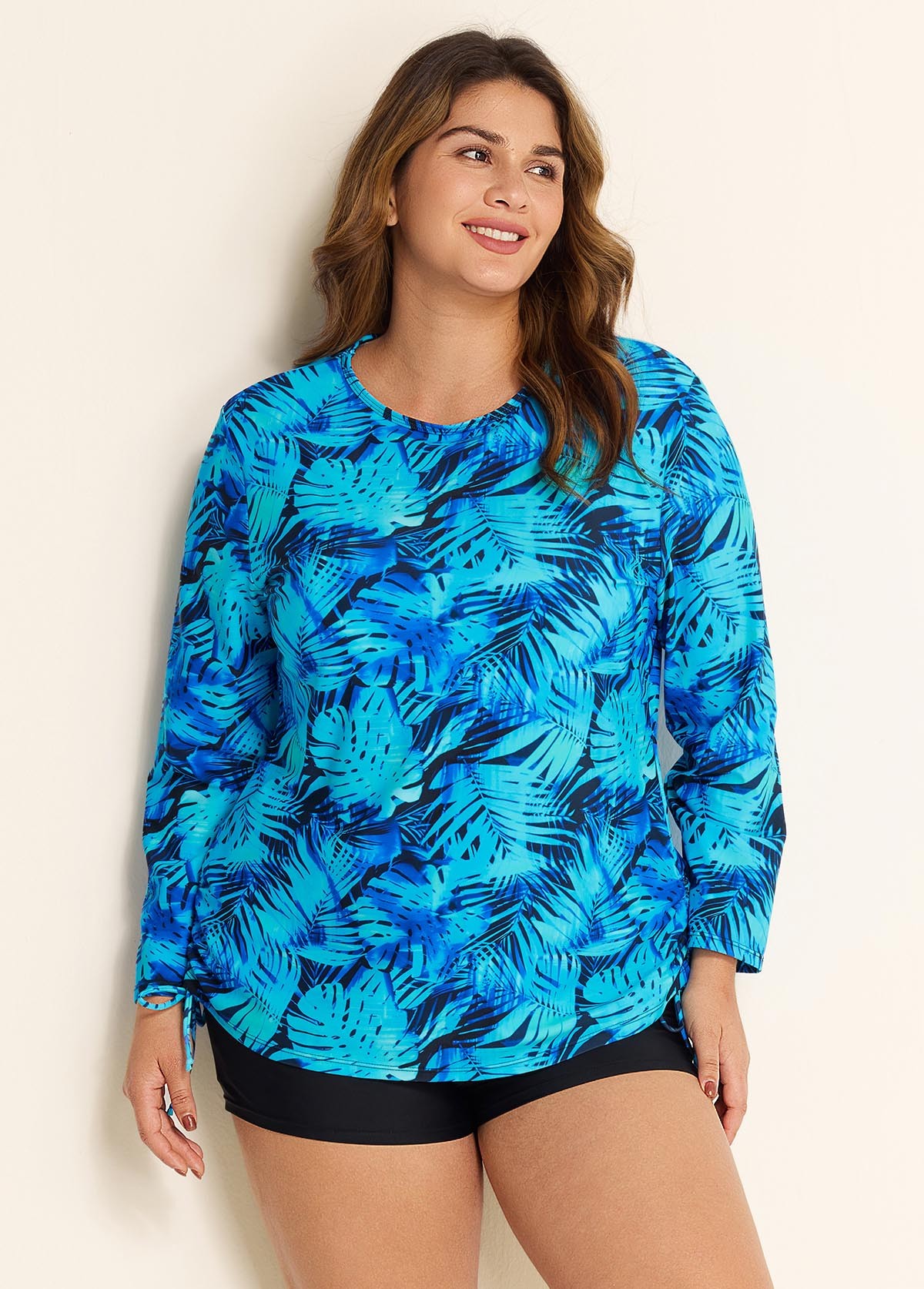 Plus Size Side Tie Adjustable Long Sleeve Rash Guard Tankini Top