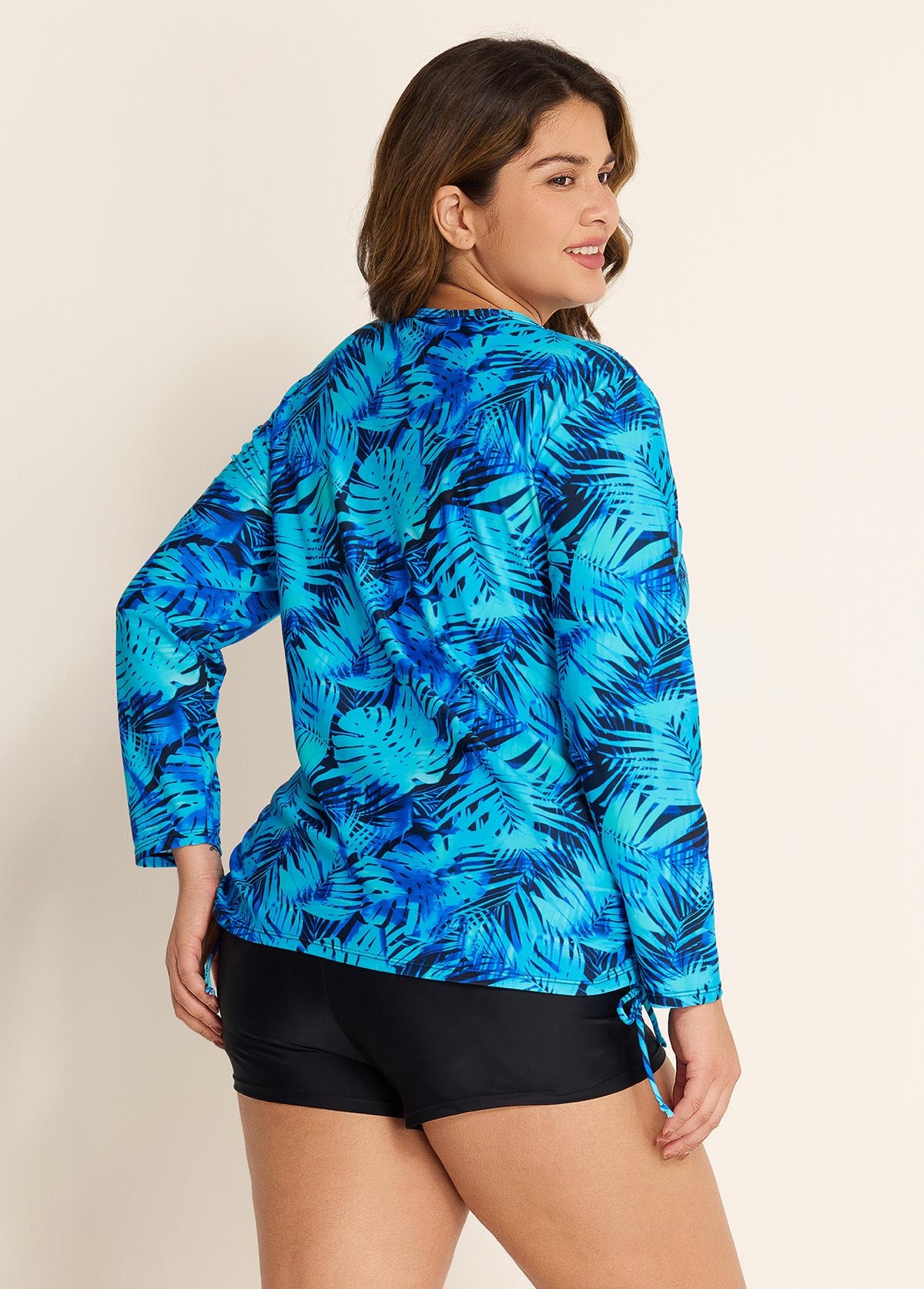 Plus Size Side Tie Adjustable Long Sleeve Rash Guard Tankini Top