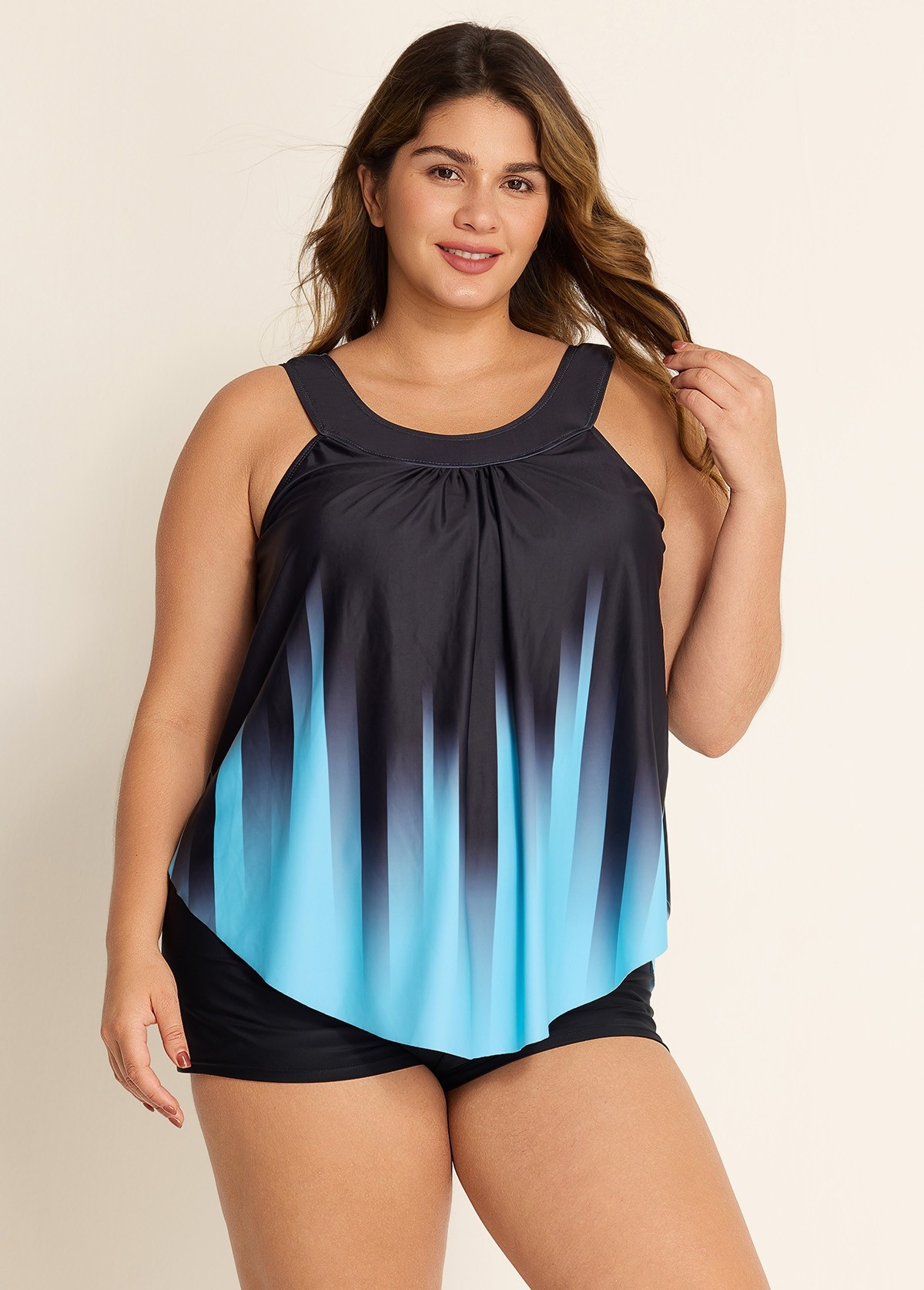 Crystal Blue Ombre Print Scoop Neck Longer Length Tankini Top