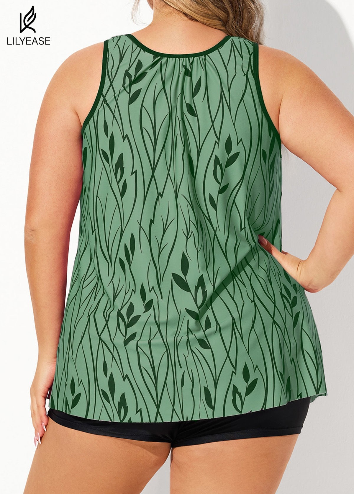 Plus Size Leaf Pattern Elegant Tankini Top with Wide Straps
