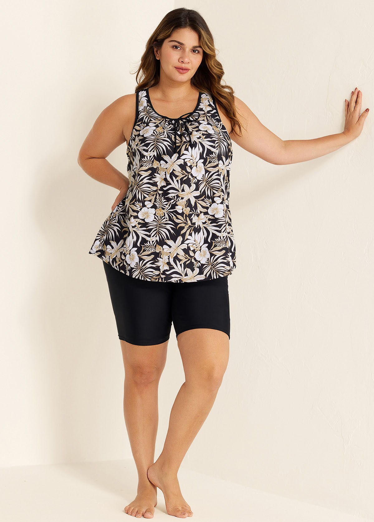Black Floral Loose Fit Plus Size Women Tankini Top