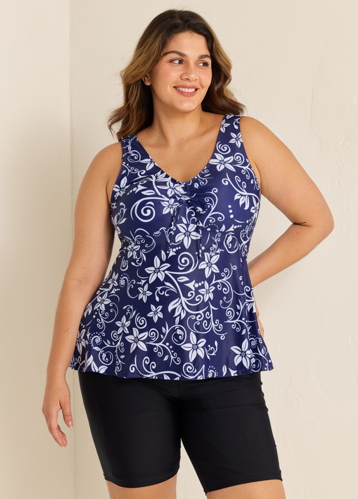 Plus Size Navy Floral Drawstring Swimsuit And Swimwear Tankini Top