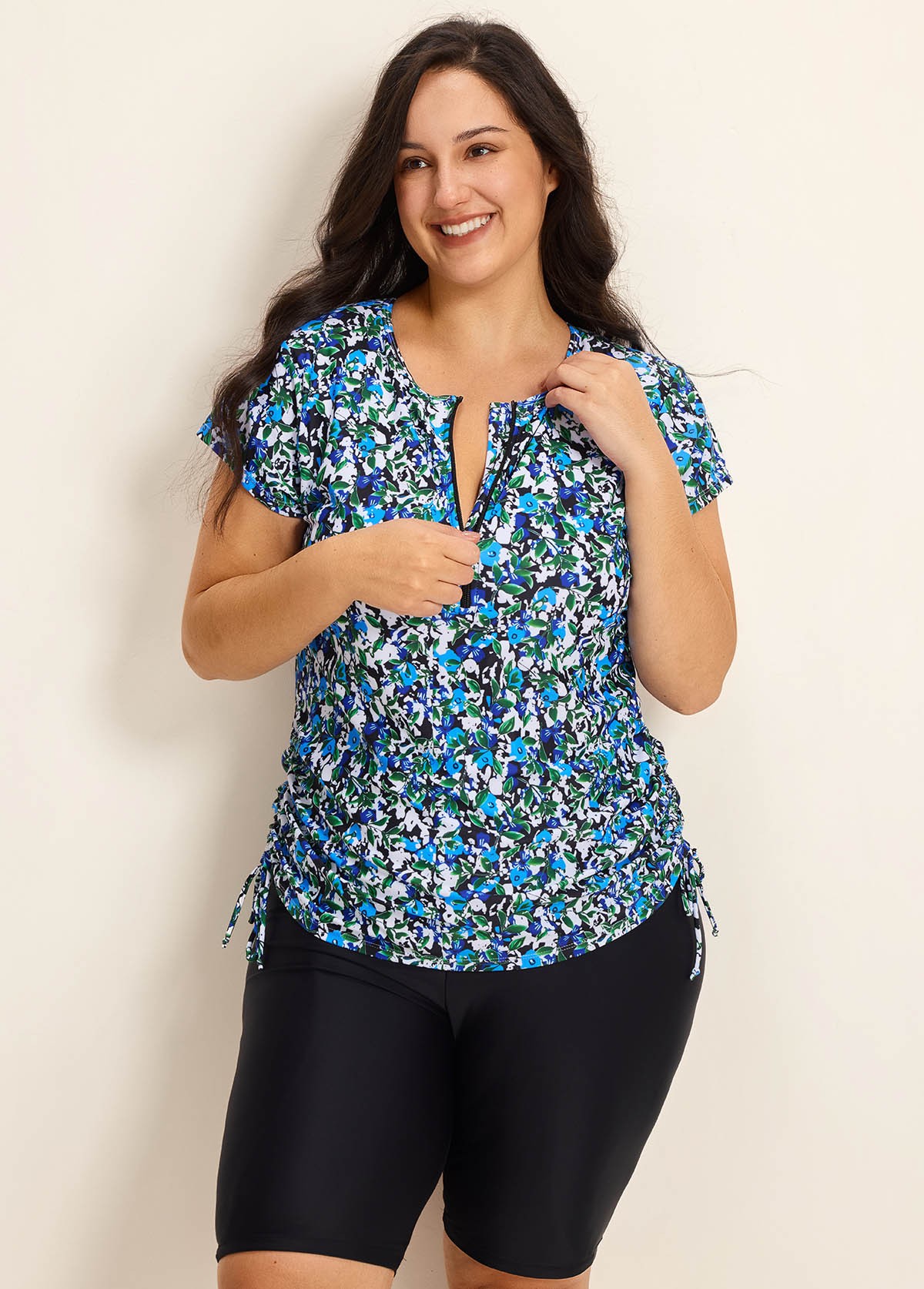 Curvy Blue Floral High Neck Upf50+ Short Sleeves Zipper Drawstring Swim Shirt Tankini Top