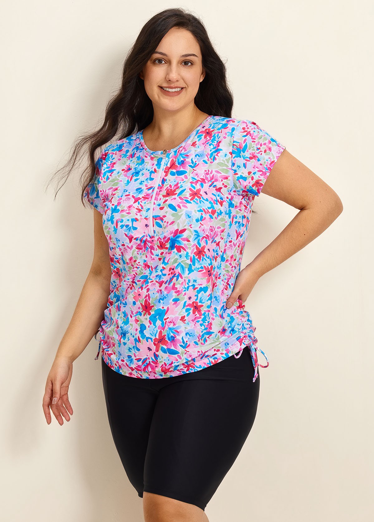 Pink Floral High Neck Short Sleeves Zipper Drawstring Curvy Swimsuit Uv Shirt Tankini Top