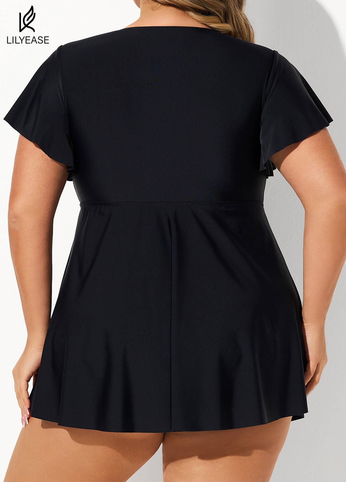 Black Tie Front Ruffled Flowy Short Sleeves Tankini Top