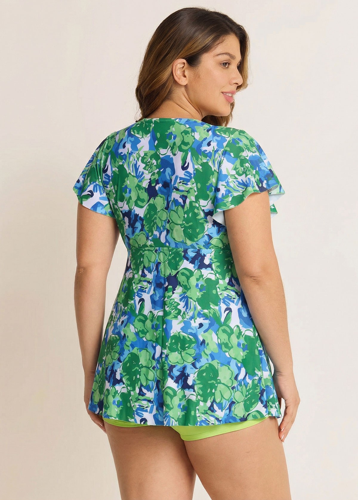 Floral Pattern Tie Front Ruffled Flowy Short Sleeves Tankini Set