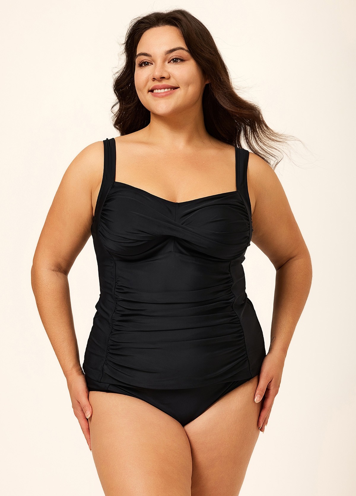 Stylish Black Twisted Front Ruched Tummy Control Tankini Top